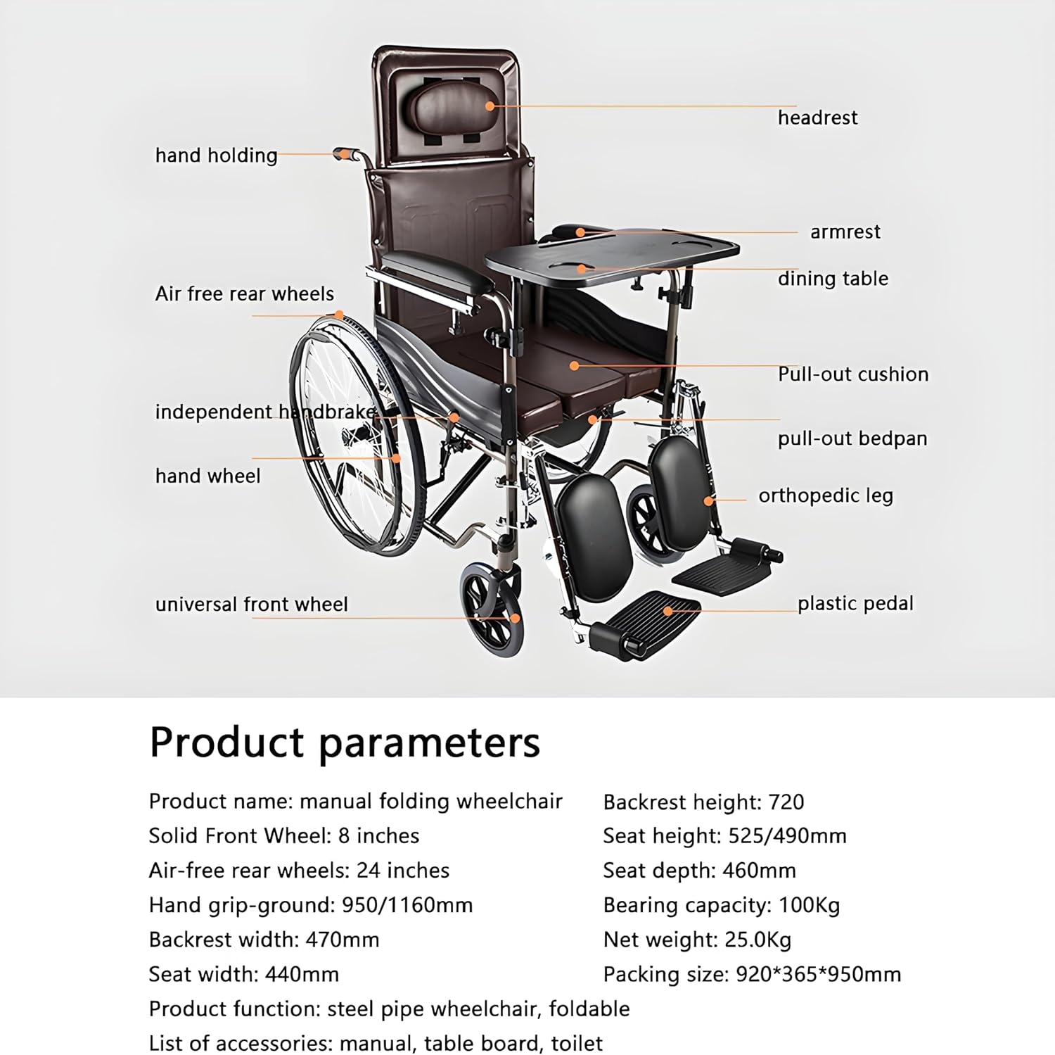 Reclining Wheelchair Commode Steel Bathroom Transport Shower Chair Foldable Lightweight Manual Wheelchair W/Dining Table Toilet Chair Scooter for Elderly