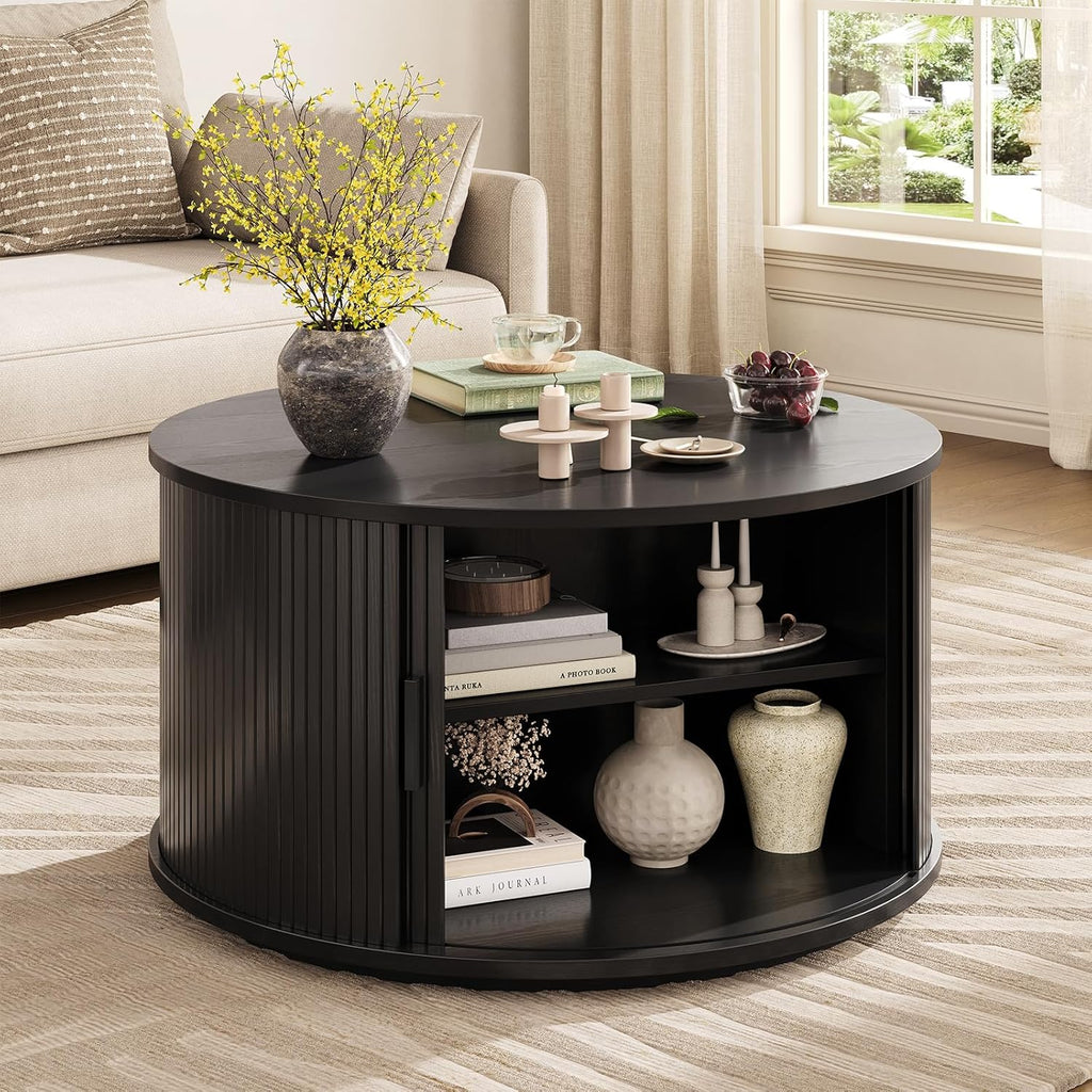 ONBRILL Round Coffee Table with Storage, 31.5' Mid Century Modern Center Table with Sliding Door & Dual Hidden Storage, Fluted Accent Coffee Table for Living Room, Small Space, Black