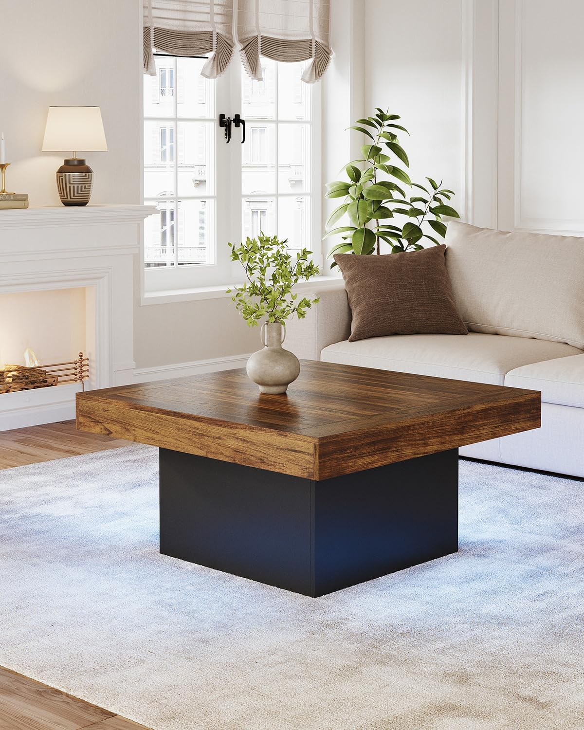 LITTLE TREE Square Coffee Table with LED Lights, 35-inch Living Room Tables, Modern Coffee Tables for Living Room, Brown and Black Wooden Center Table Cocktail Table for Home