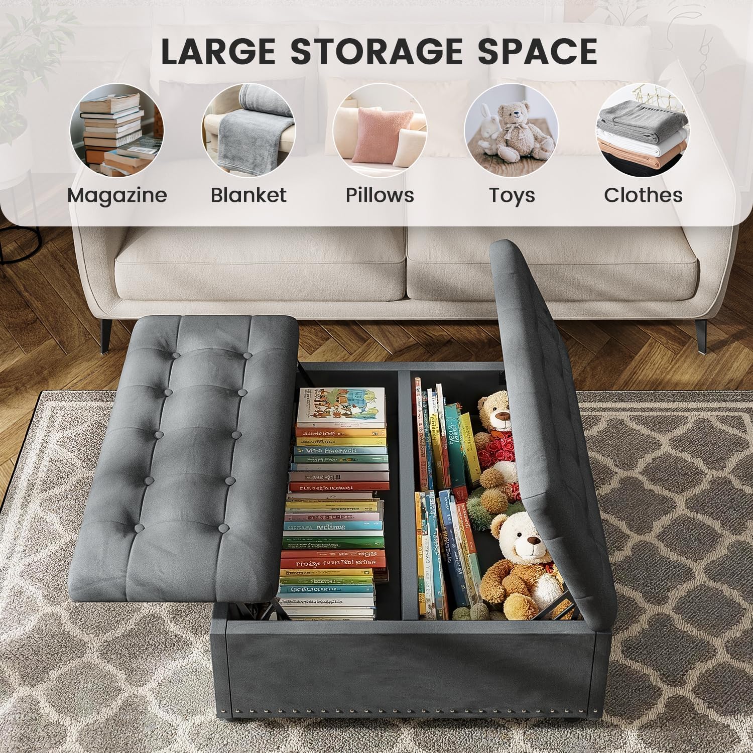 FUXA 35 Inch Large Square Ottoman with Storage, Oversized Ottoman Coffee Table with Lift Top and Wood Legs, Tufted Upholstered Storage Ottoman Bench for Living Room (Gray)