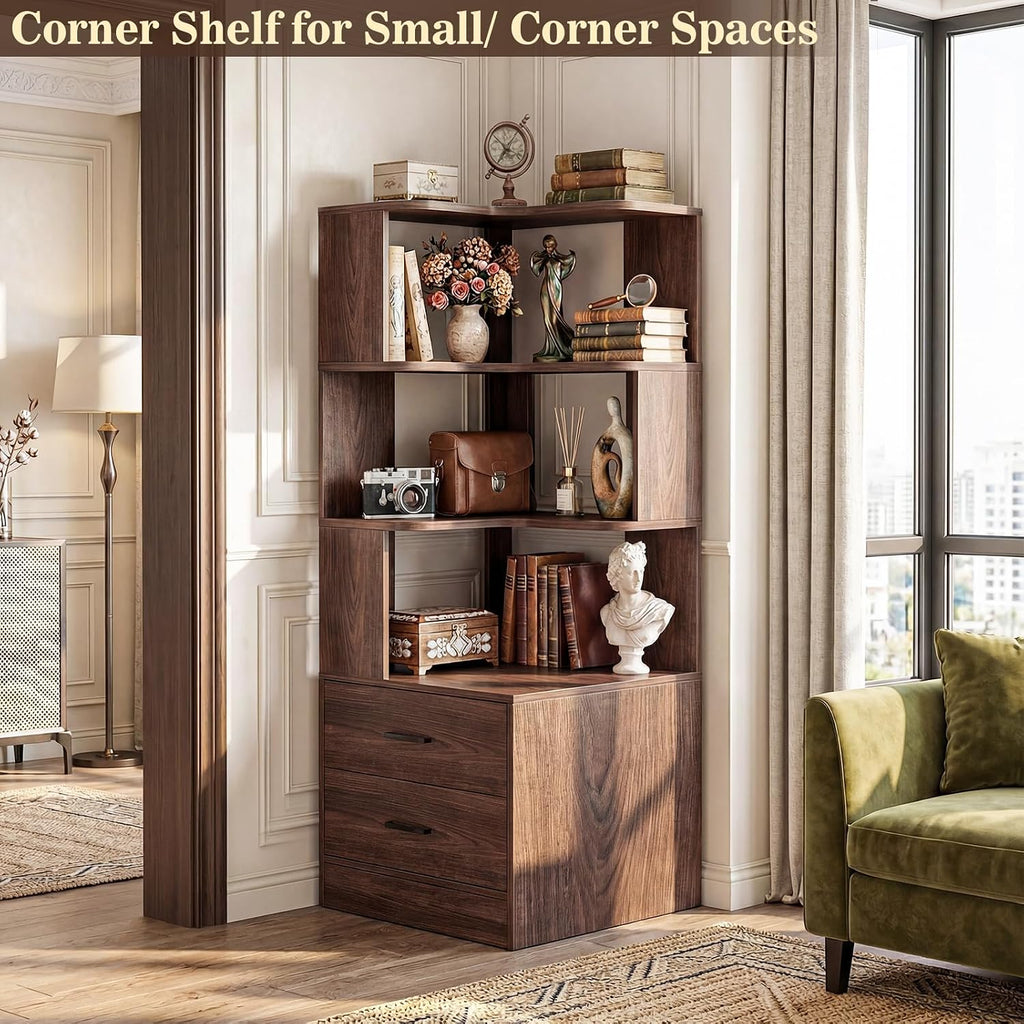 Armocity Corner Bookshelf with Drawers, 6 Tier Corner Book Shelf Display Bookcase, Freestanding L Shaped Bookshelf for Bedroom, Living Room, Home Office, Black Walnut