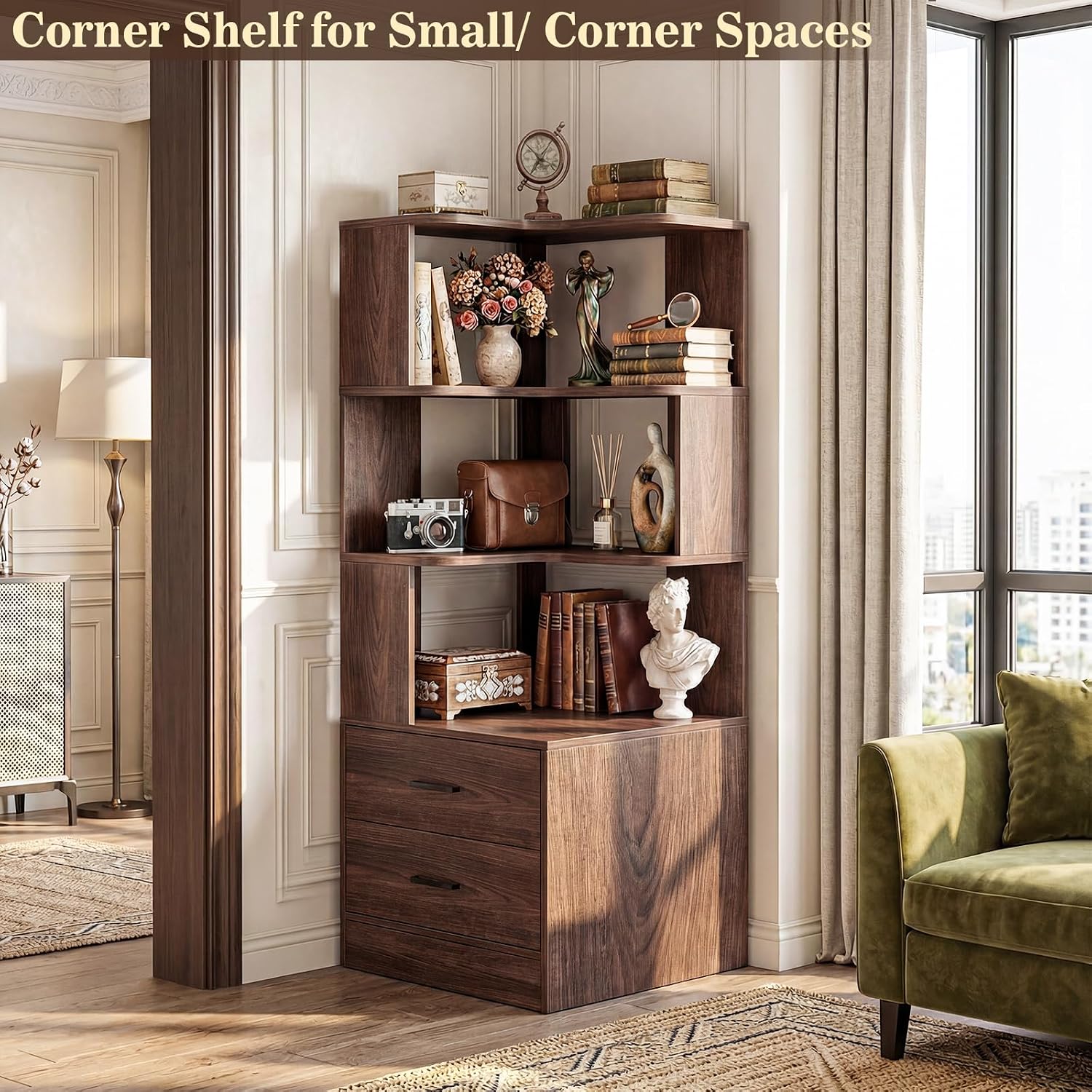 Armocity Corner Bookshelf with Drawers, 6 Tier Corner Book Shelf Display Bookcase, Freestanding L Shaped Bookshelf for Bedroom, Living Room, Home Office, Black Walnut