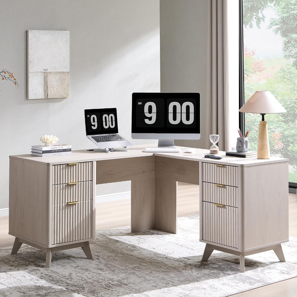 T4TREAM 60' Fluted Executive L Shaped Desk, Modern Home Office Desk with Charging Station and File Drawer, Computer Corner Desks with Drawers & Storage Cabinet for Office Home, Bedroom, Alder White
