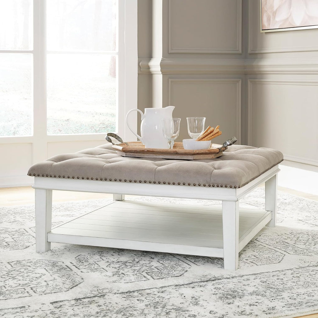 Signature Design by Ashley Kanwyn French Country Upholstered Square Ottoman Coffee Table, Whitewash