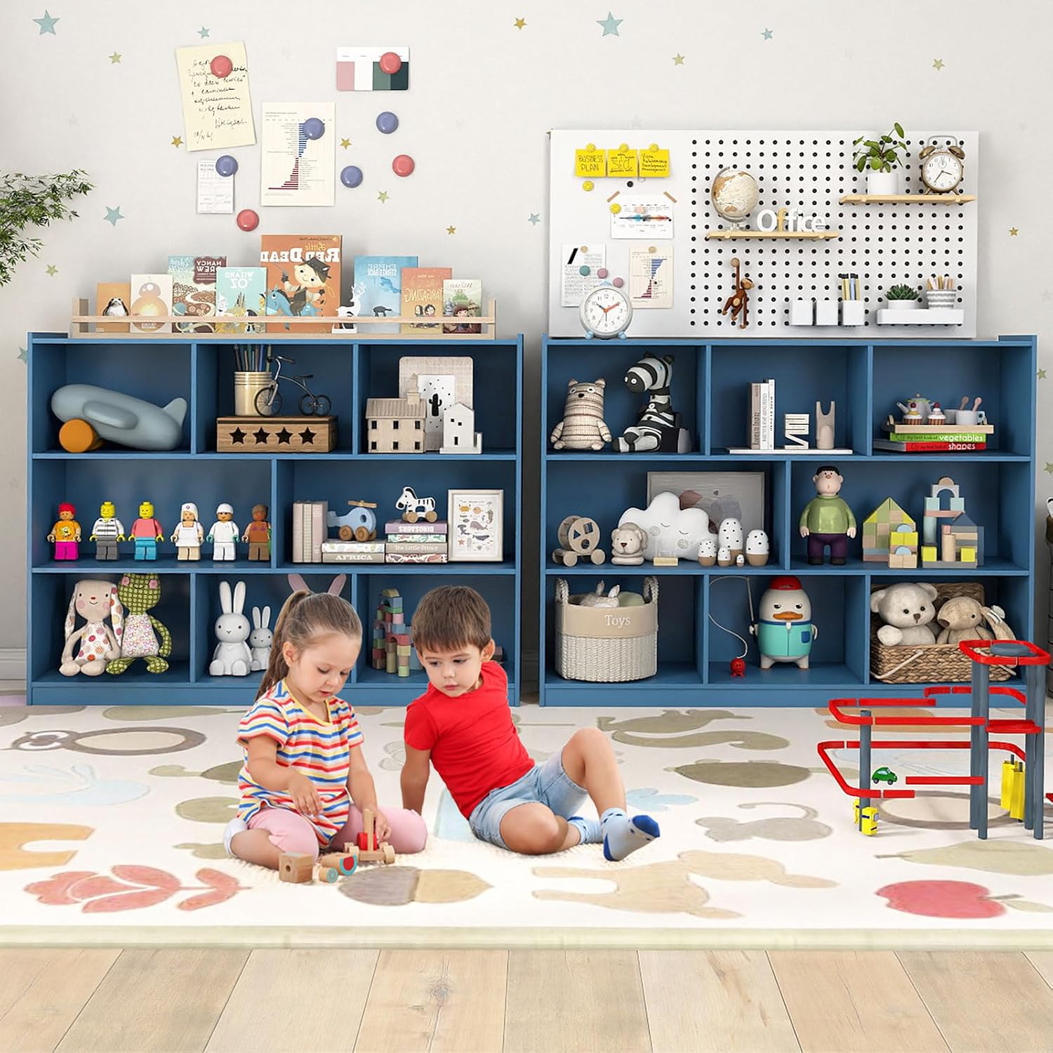 KOTEK Toy Storage Organizer, 5 Cubby Kids Bookshelf, Wooden 3-Tier Bookcase Storage Cabinet, Open Display Book Shelf for Daycare, Nursery, School Classroom, Living Room (Blue, 8 Cubes)