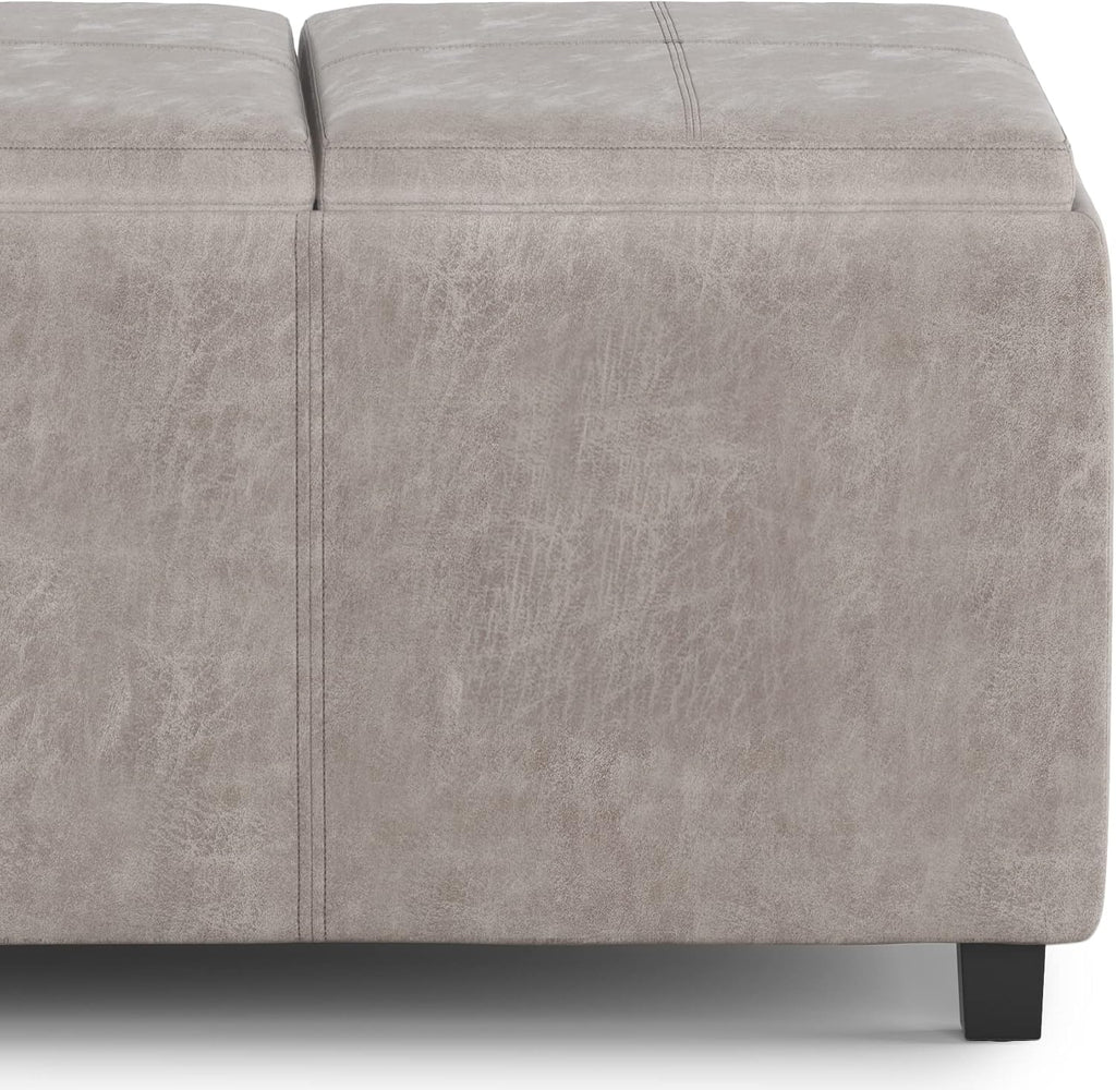 SIMPLIHOME Avalon Storage Ottoman - 42 inch Wide Upholstered Vegan Leather Rectangular Flip-Top Ottoman in Distressed Grey Taupe, Contemporary Coffee Table Ottoman for Living Room with Hidden Storage