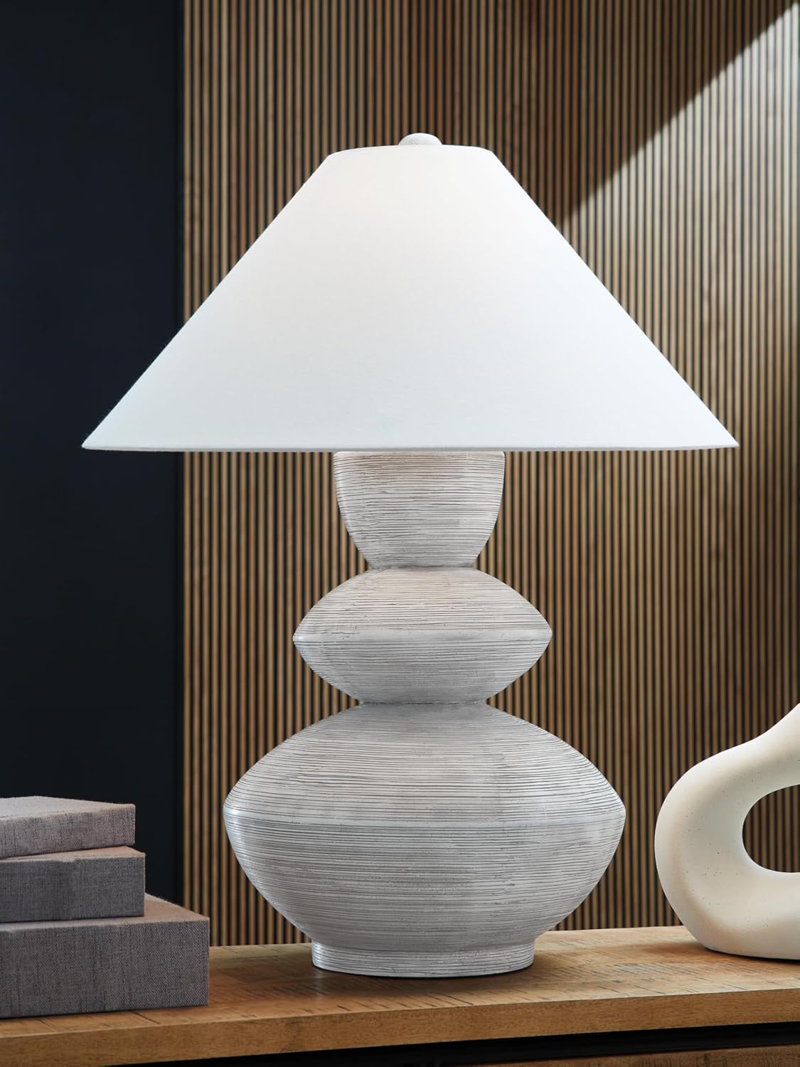 Signature Design by Ashley Brickdon Minimalist Polyresin Table Lamp with On/Off Switch, Light Gray & White