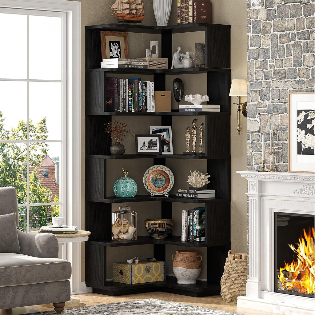 Armocity Corner Book Shelf - 7 Tier Corner Bookshelf Etagere Bookcase with Baffle, Freestanding L Shaped Display Shelf Stand for Home Office, Living Room, Bedroom, Kitchen, Black