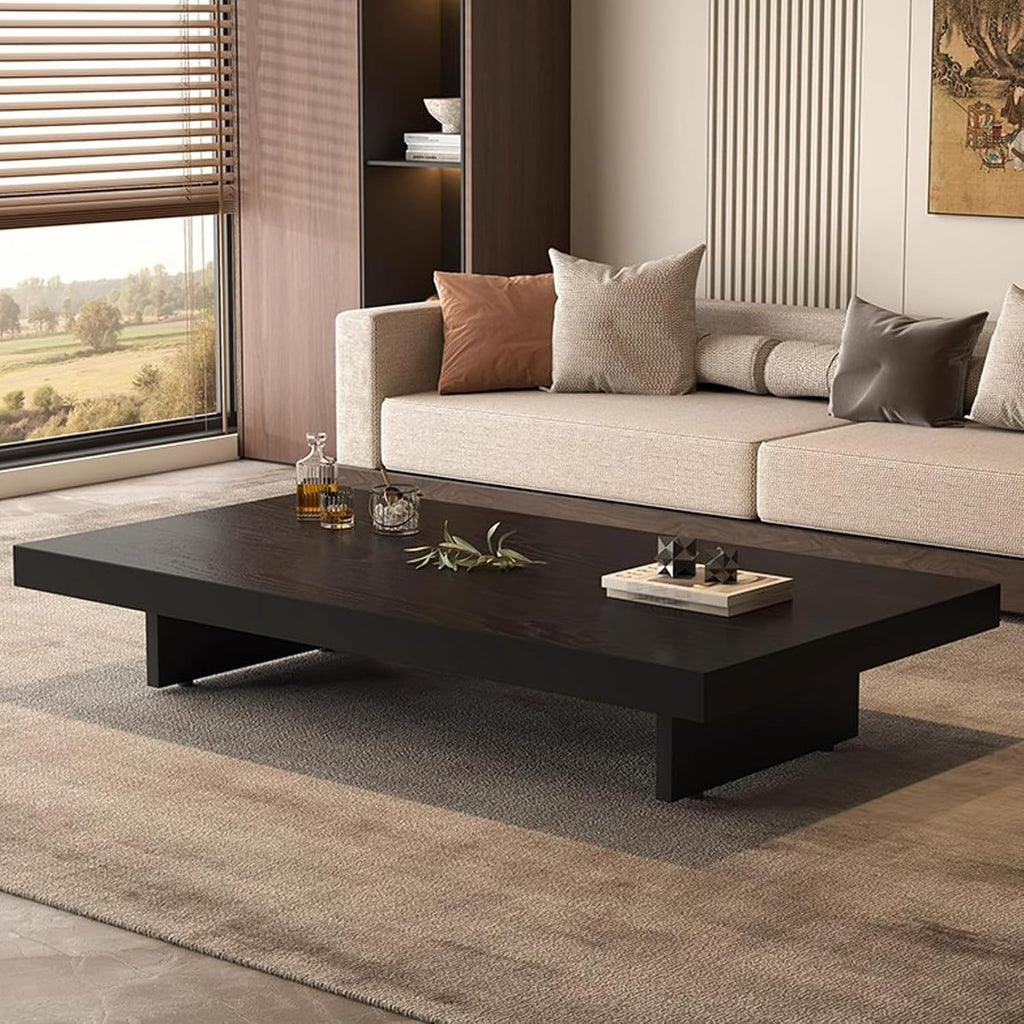 Coffee Table, Solid Wood Farmhouse Coffee Tables with Adjustable Foot Pads, Modern Large Square Center Tables for Living Room Black 31.5'x19.7'x 17.7'