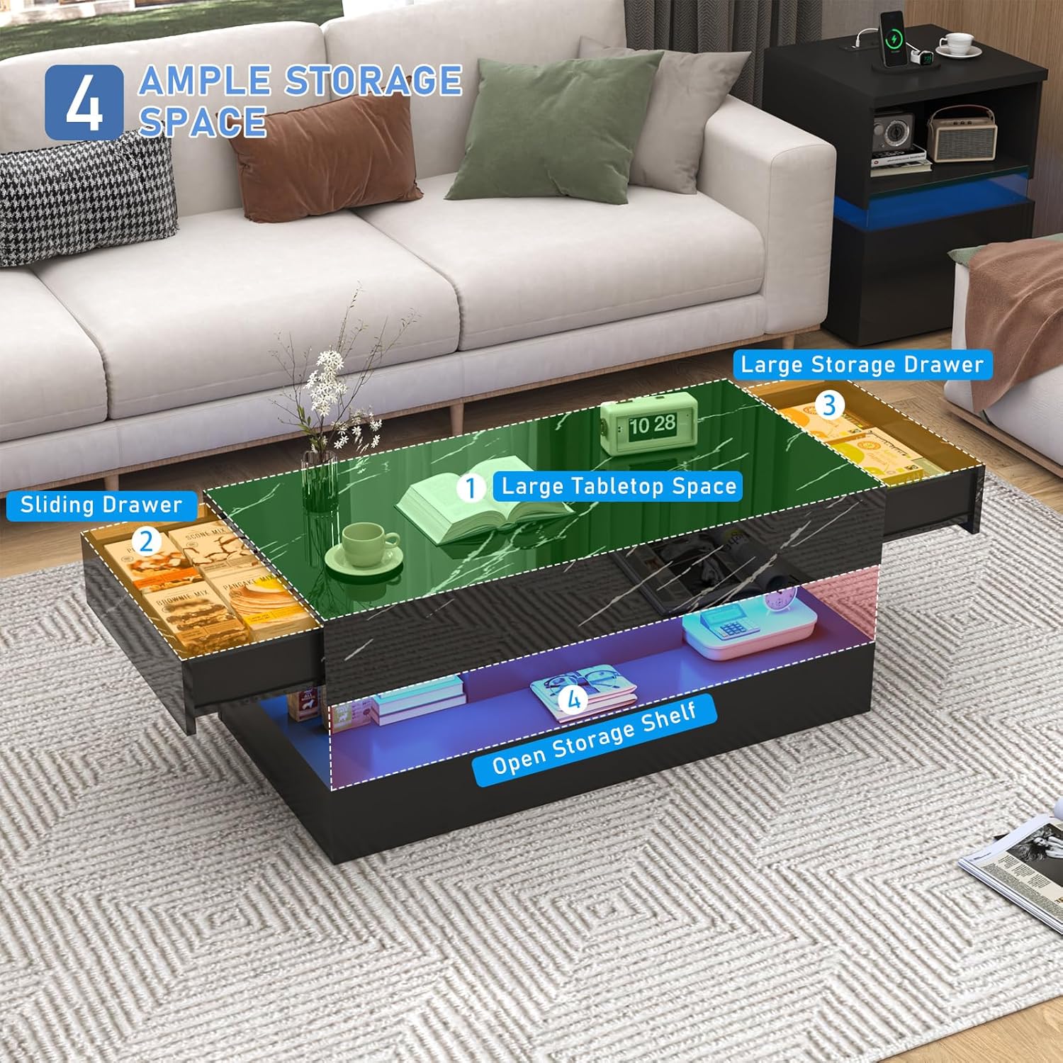 chartustriable 39.4' Large High-Glossy LED Coffee Table with 2 Sliding Drawers, Living Room Storage Coffee Tables with Marbling Print, Modern Stylish Double-Layer Center Tables w/LED Lights, Black