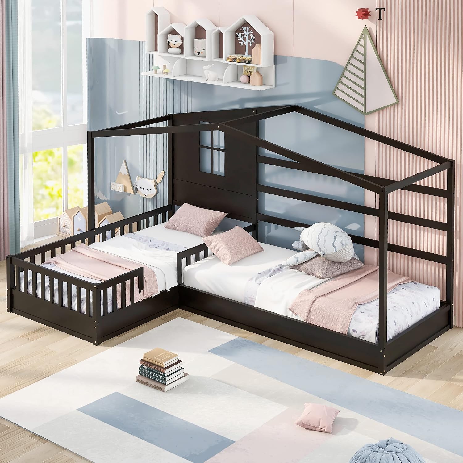 CITYLIGHT Wood L Shaped House Bed Frame, Twin Size Montessori Corner Bed with Roof, Window & Fence, Modern House Shaped Bed for 2 Kids, Espresso