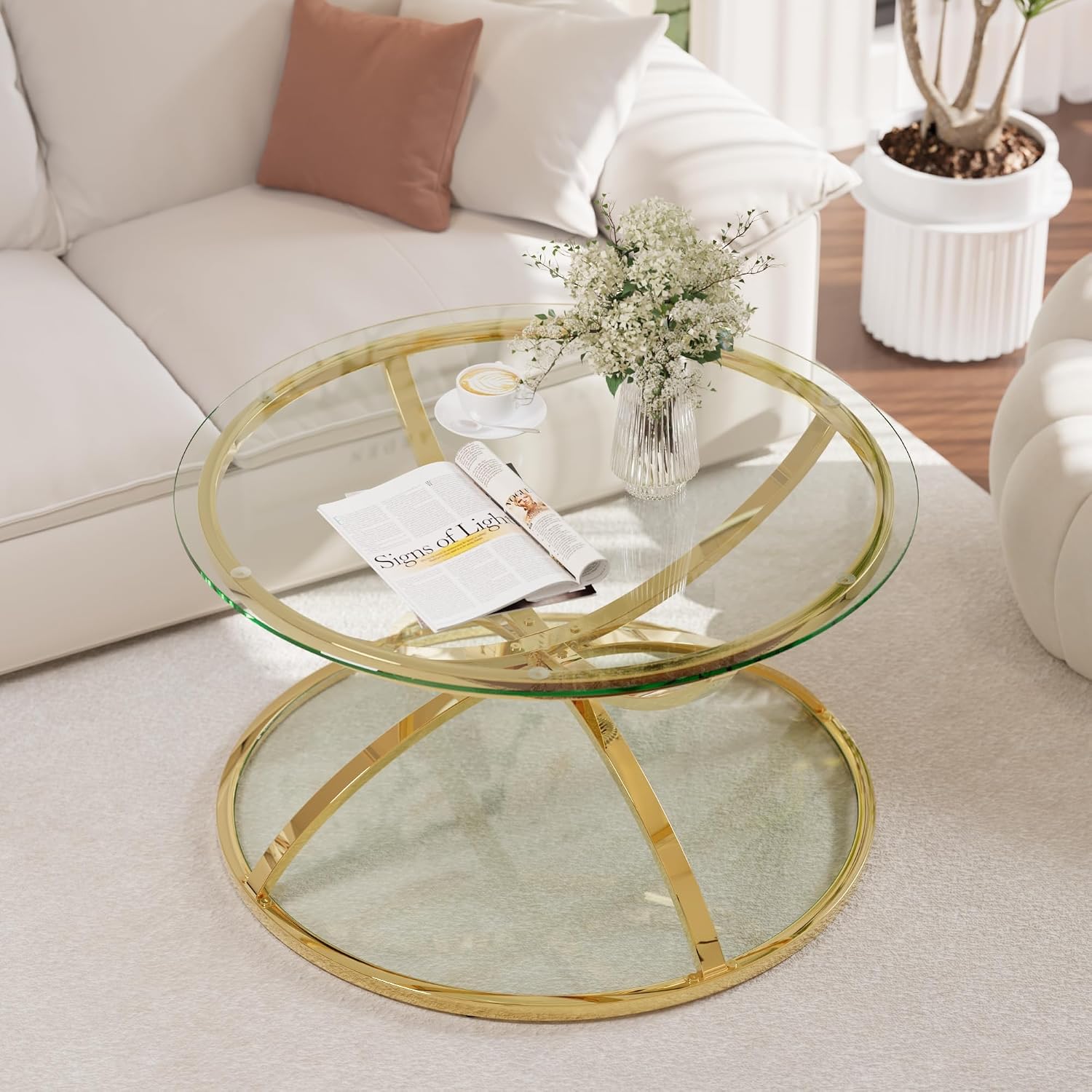 JIJIWANG 2 Tier Glass Round Coffee Table with Metal Frame and Clear Tempered Glass, 31.50'' Center Table with Ring-Shaped Frames for Living Room, Bedroom, Office, Gold
