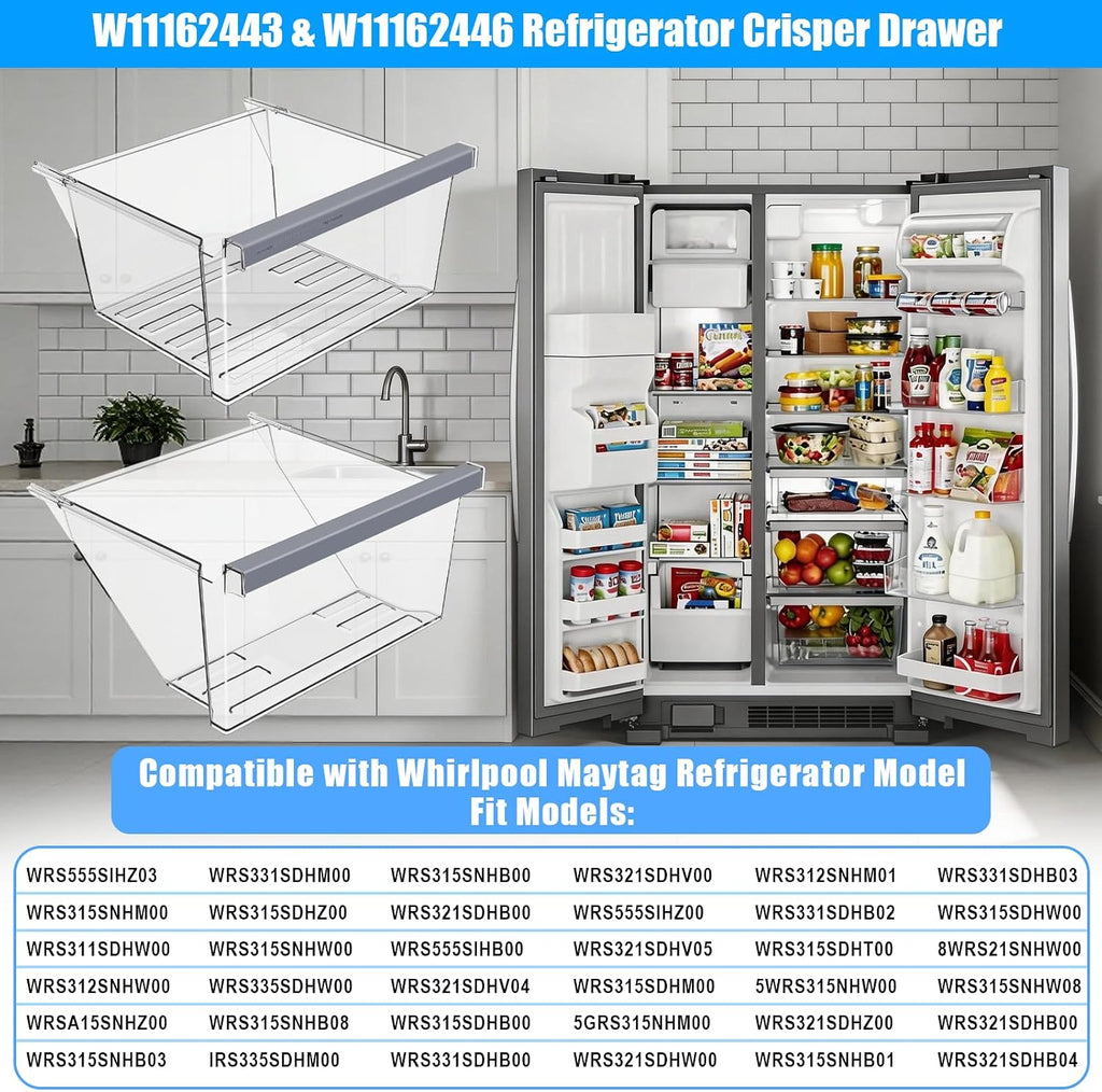 UPGRADED W11162443 Refrigerator Drawer & W11162446 Whirlpool Crisper Drawer Compatible with Whirlpool Fridge Drawer Replacement Parts WRS325SDHZ05 WRS315SDHM01 WRS555SIHZ03 Crisper Bins Drawer,2 Pack