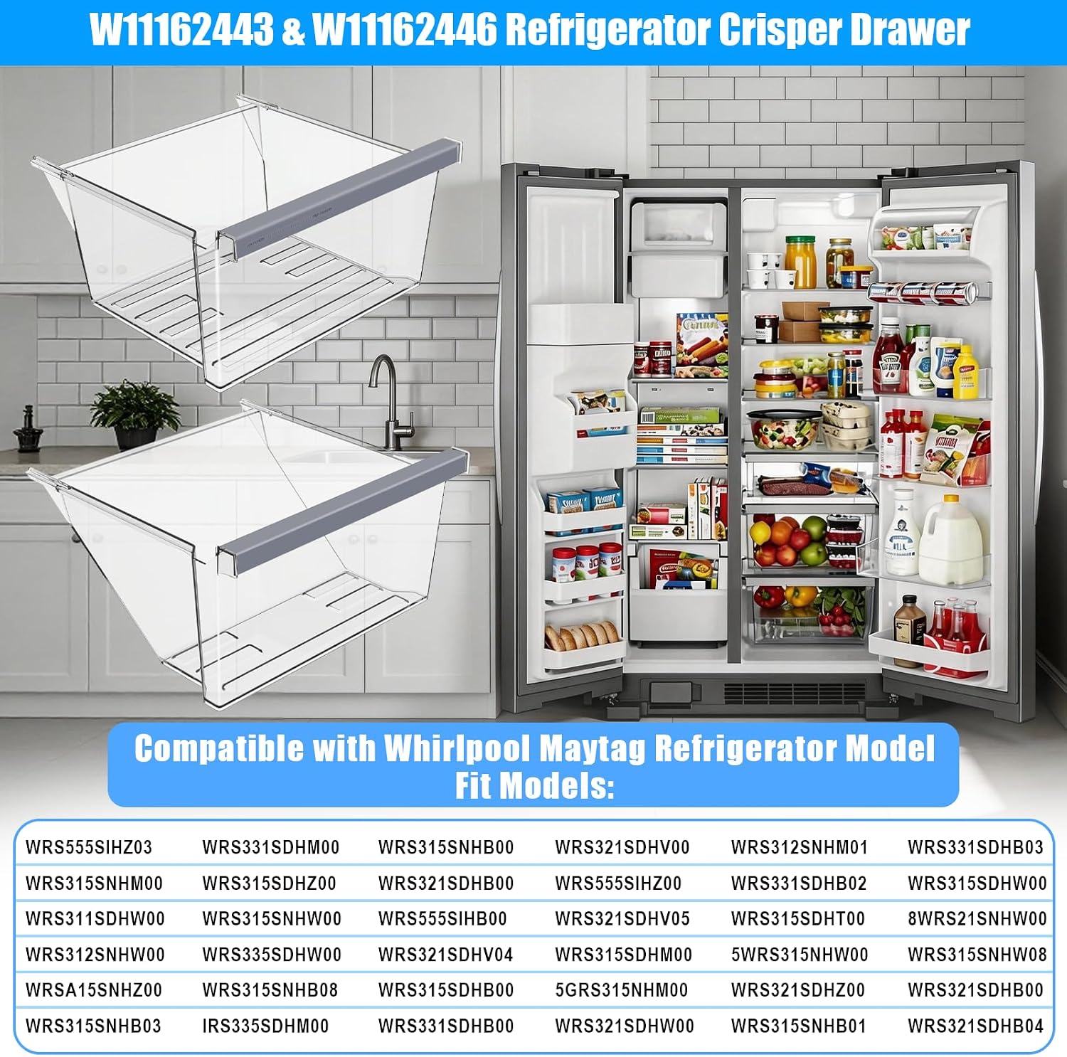 UPGRADED W11162443 Refrigerator Drawer & W11162446 Whirlpool Crisper Drawer Compatible with Whirlpool Fridge Drawer Replacement Parts WRS325SDHZ05 WRS315SDHM01 WRS555SIHZ03 Crisper Bins Drawer,2 Pack