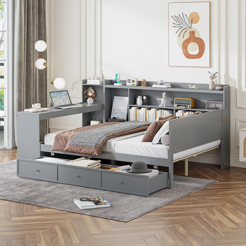 Harper & Bright Designs Full Size Daybed Frame with Desk and 3 Storage Drawers & USB Port Shelves Headboard, Pinewood Corner Bed, Full Captain Bed for Small Room, Bedroom, Guest Room,Gray