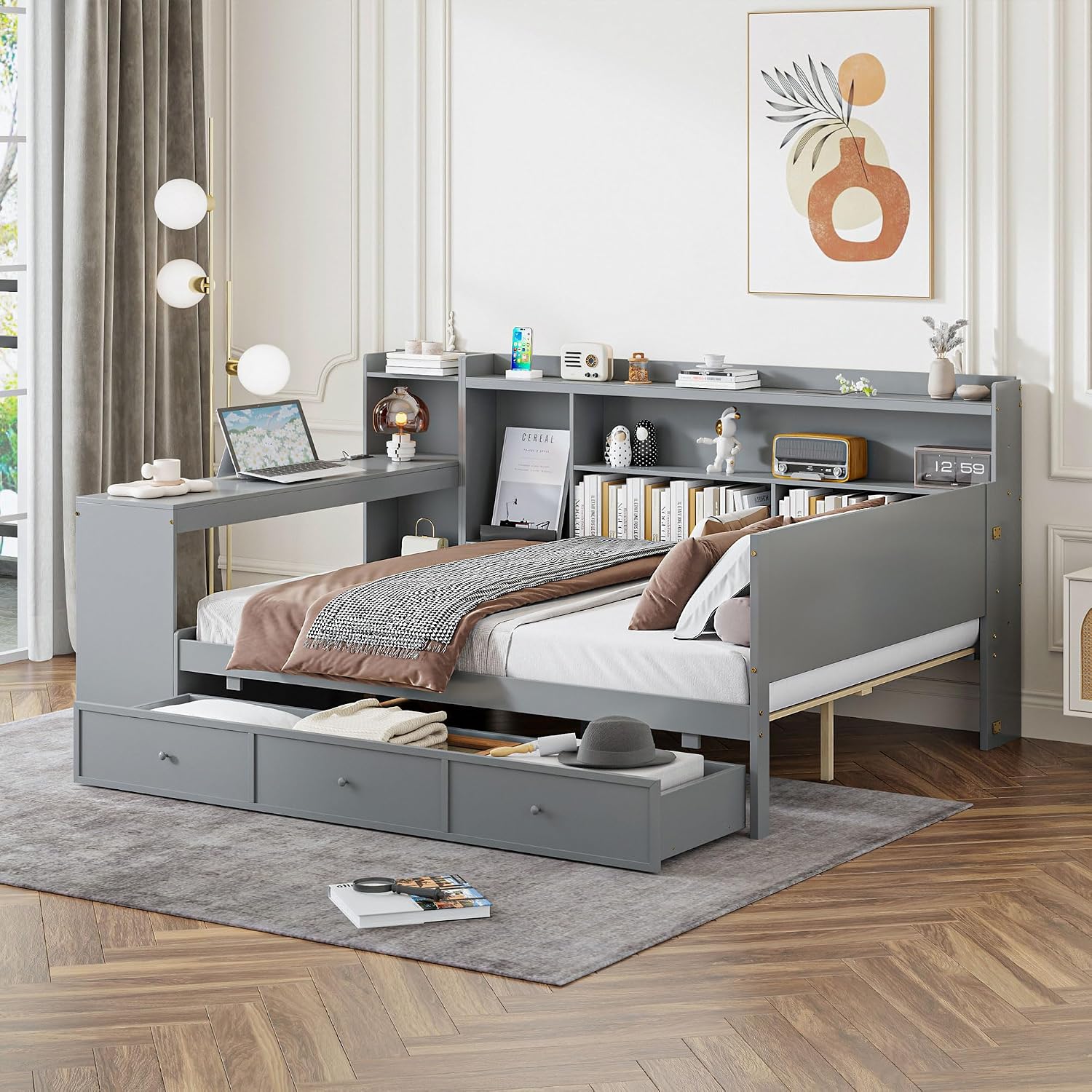 Harper & Bright Designs Full Size Daybed Frame with Desk and 3 Storage Drawers & USB Port Shelves Headboard, Pinewood Corner Bed, Full Captain Bed for Small Room, Bedroom, Guest Room,Gray