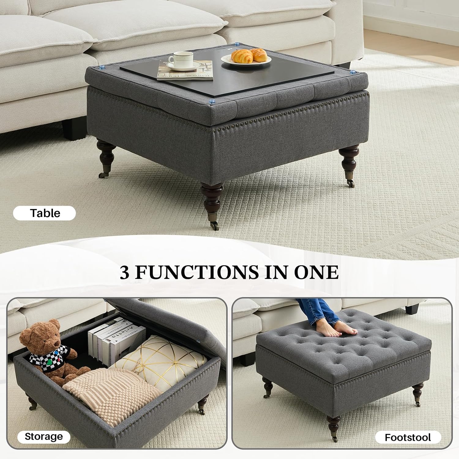 Square Storage Ottoman Coffee Table Tufted Upholstered Large Ottoman with Storage and Rolling Wheels Oversized Footrest Ottomans for Living Room, Dark Grey Linen