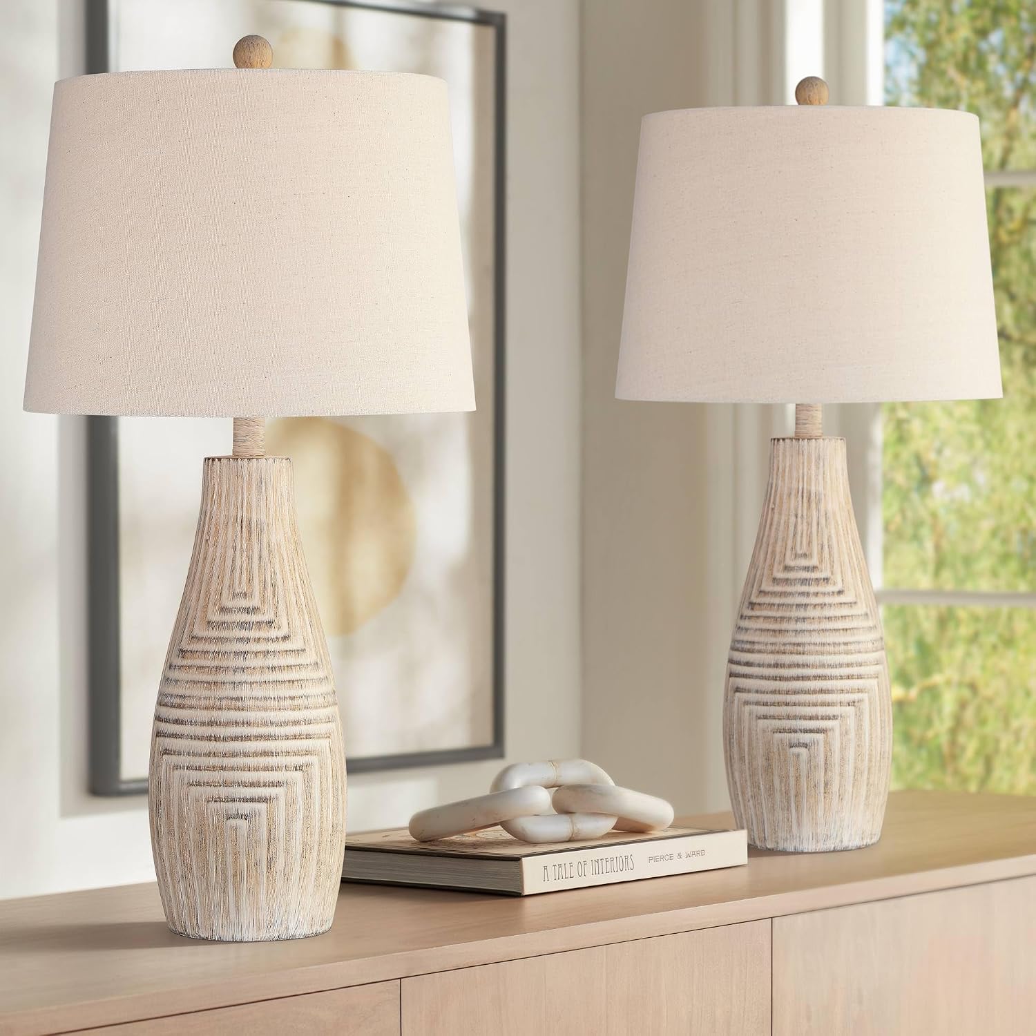 John Timberland Chico 27' Tall Modern Southwest Natural Cottage Table Lamps Set of 2 Brown Light Wood Finish Living Room Bedroom Bedside Nightstand House Office Home Reading Kitchen Fabric Shade
