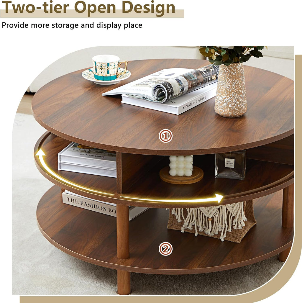 RARZOE 31.5' Round Coffee Table with Storage, Wood Circle Coffee Table with Sliding Cabinet Doors, Fluted Dining Table Accent Center Table for Living Room Home Office Apartment, Walnut