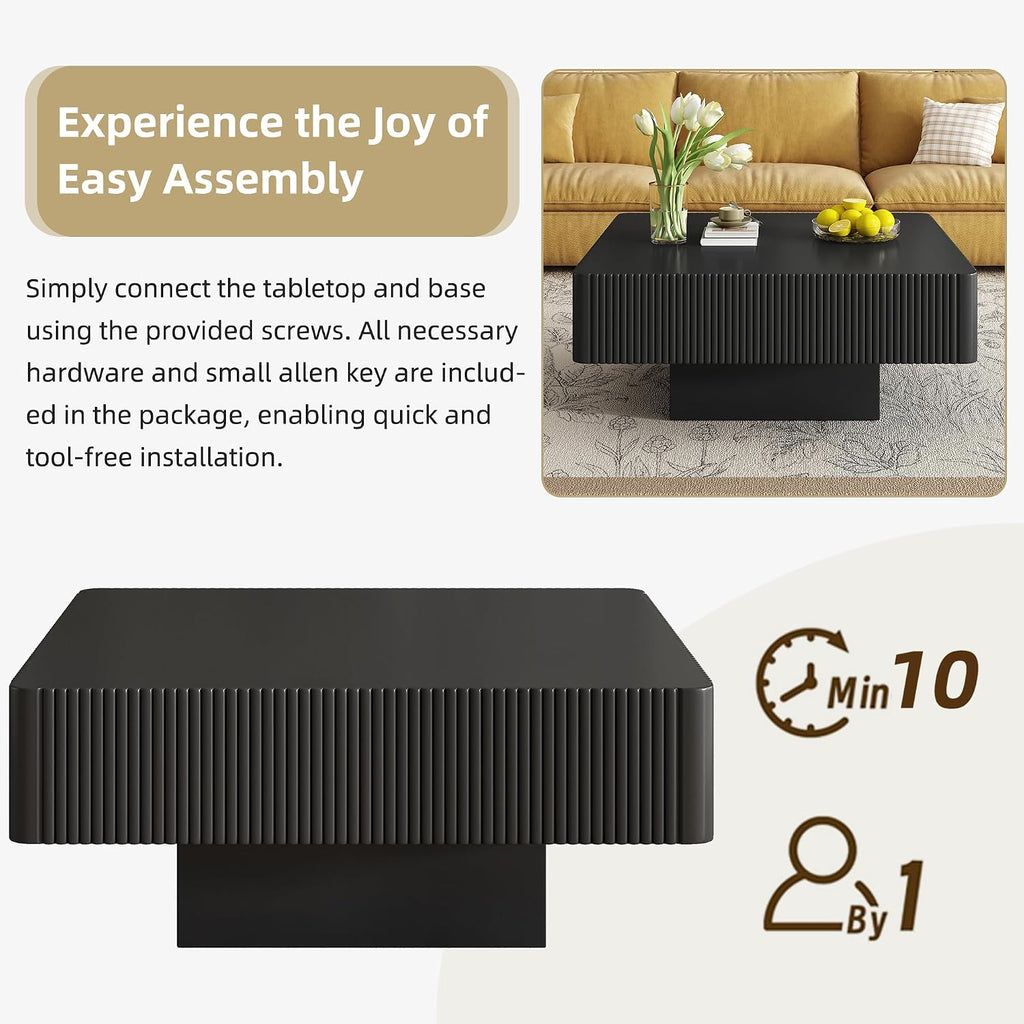 Merax Modern 31.6' W Square Coffee Table with Sturdy Base, Wood Center Tables for Living Room Reception Room, Easy Assemble, Black