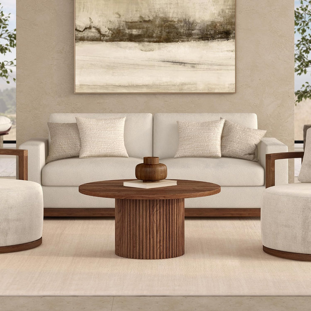 Henn&Hart 32' Fluted Round Wooden Pedestal Low-Profile Coffee Table for Living Room, Family Room, Office, or Apartment, Medium Walnut