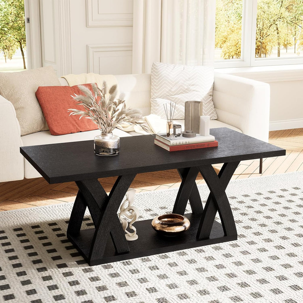 FROMJBEST Farmhouse Coffee Table with Shelf, Mordern CoffeeTable, Black Coffee Table Living Room, Living Room Tables,47' Black with Grey