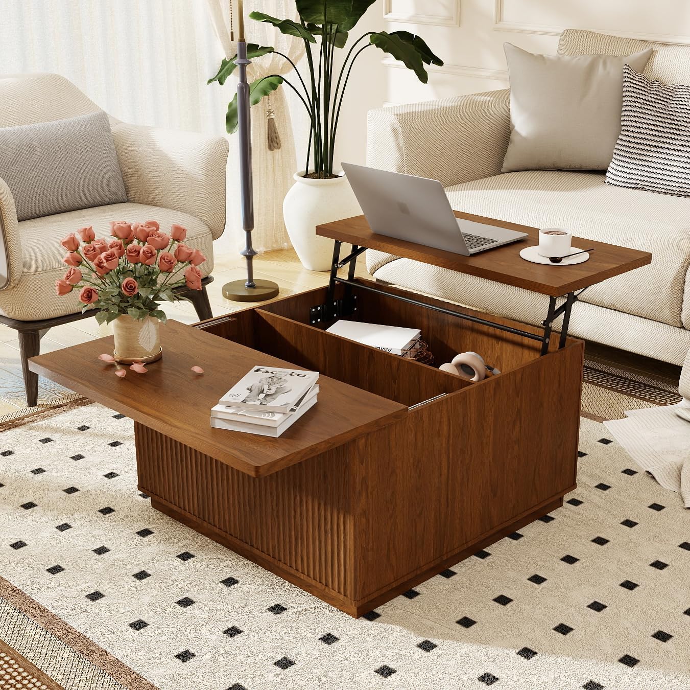 Fluted Coffee Table with Lifting Top, 31.5' Square Coffee Table with Storage, Mid Century Modern Center Table for Living Room, Home Office, Brown
