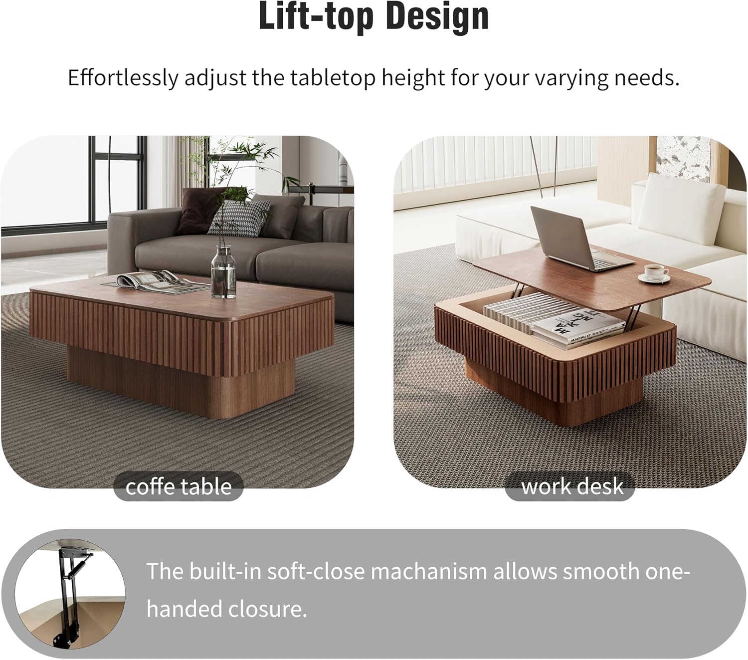 Lift Top Coffee Table with Storage for Living Room Mid Century Modern Coffee Table with Lifting Top Wood Fluted Coffee Tables with Lifts Up Tabletop for Home Apartment Office 38.6',Walnut Rectangle