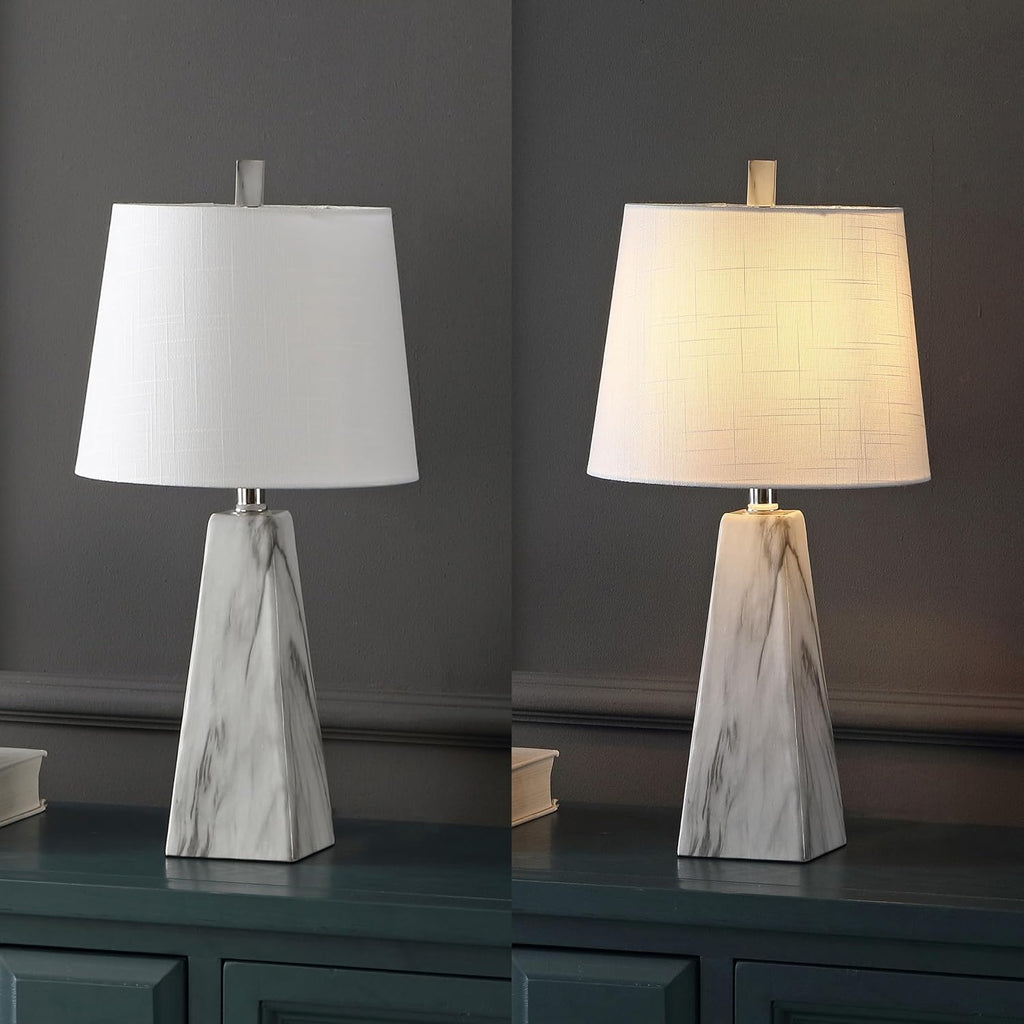 JONATHAN Y 20.5' White Marble Finish Modern Resin Table Lamp for Bedroom Living Room, Contemporary Faceted Bedside Lamp with White Linen Shade, LED Bulb Included (JYL1037A-SET2)