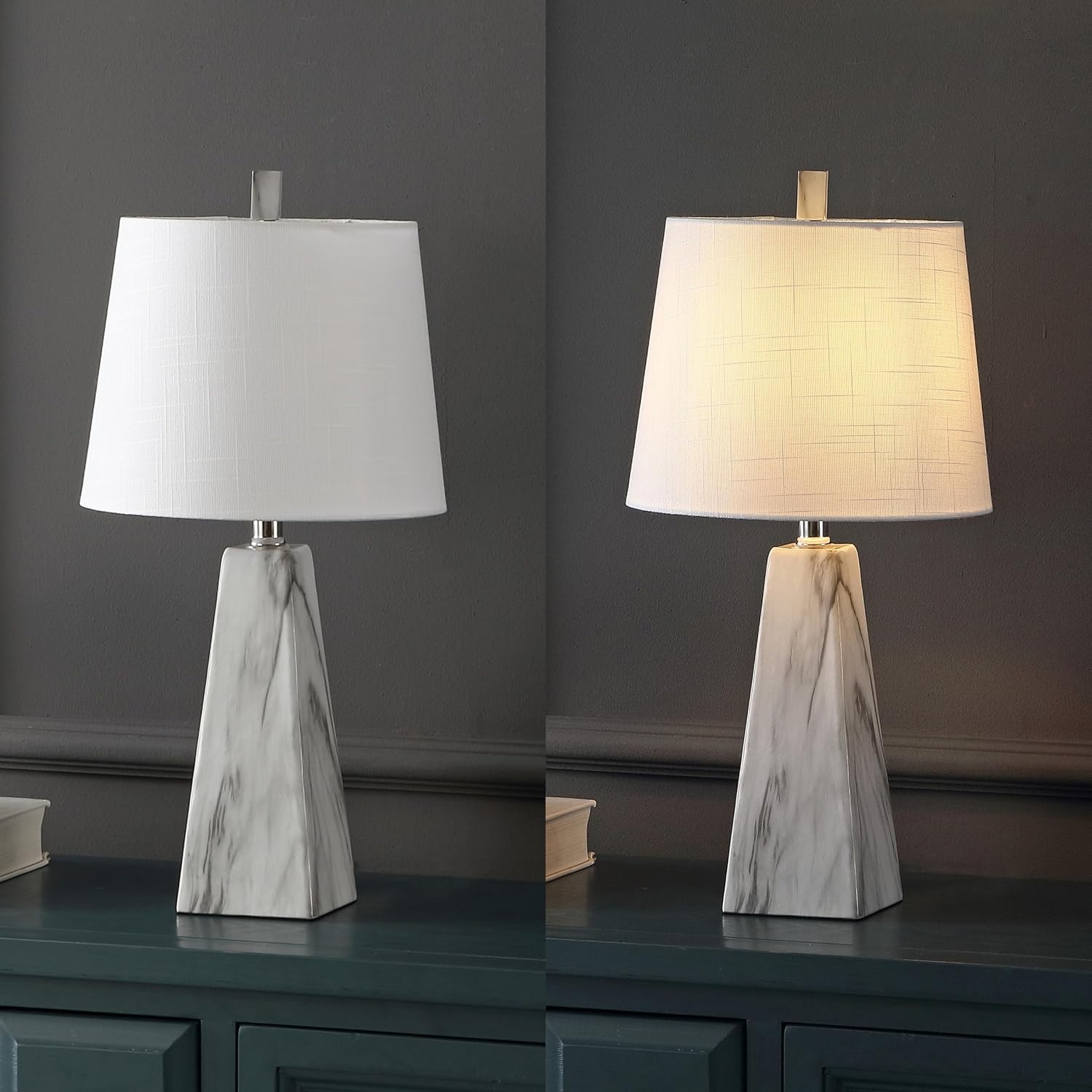 JONATHAN Y 20.5' White Marble Finish Modern Resin Table Lamp for Bedroom Living Room, Contemporary Faceted Bedside Lamp with White Linen Shade, LED Bulb Included (JYL1037A-SET2)