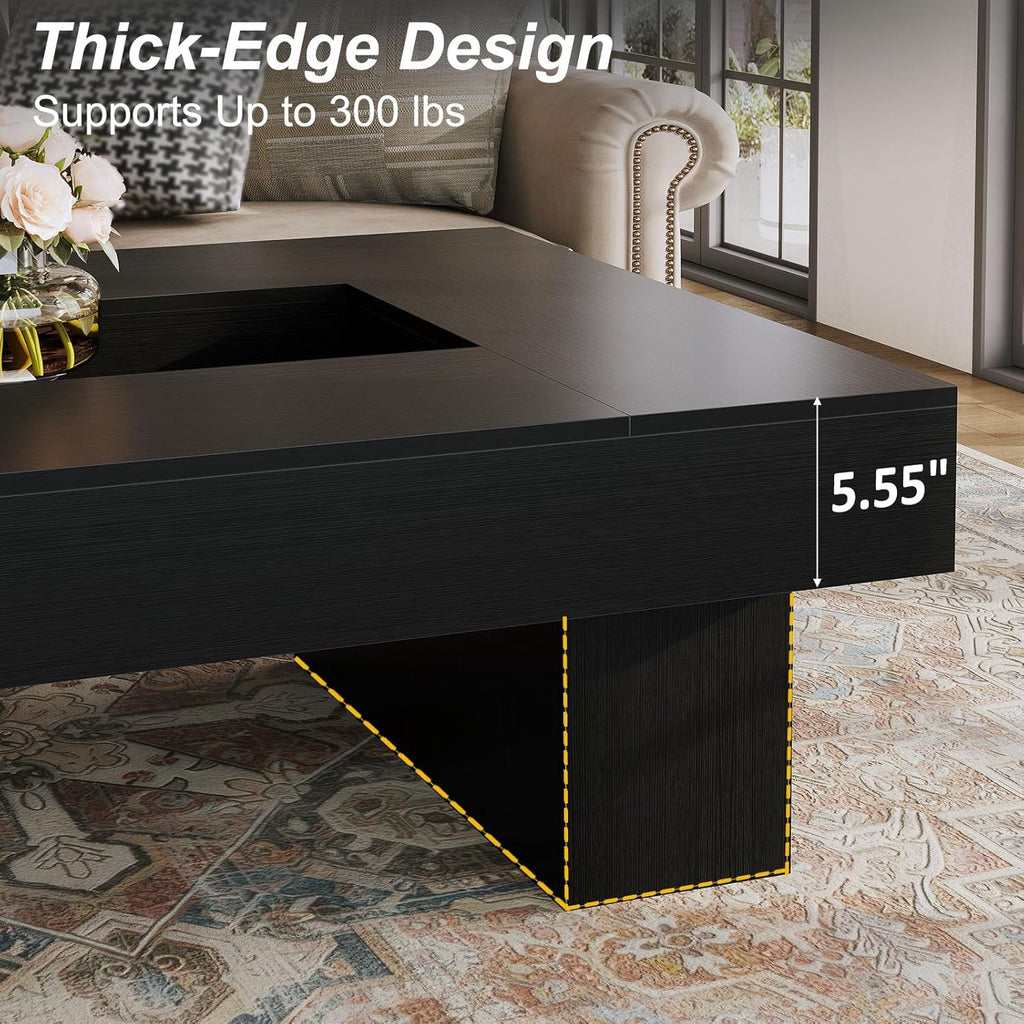 LVB Black Coffee Table, Modern Wood Led Living Room Table with Storage, Unique Large Wide Rectangle Center Table with LED Light, Contemporary low Tea Table for Bedroom Home Office, 47.24 In, Black Oak