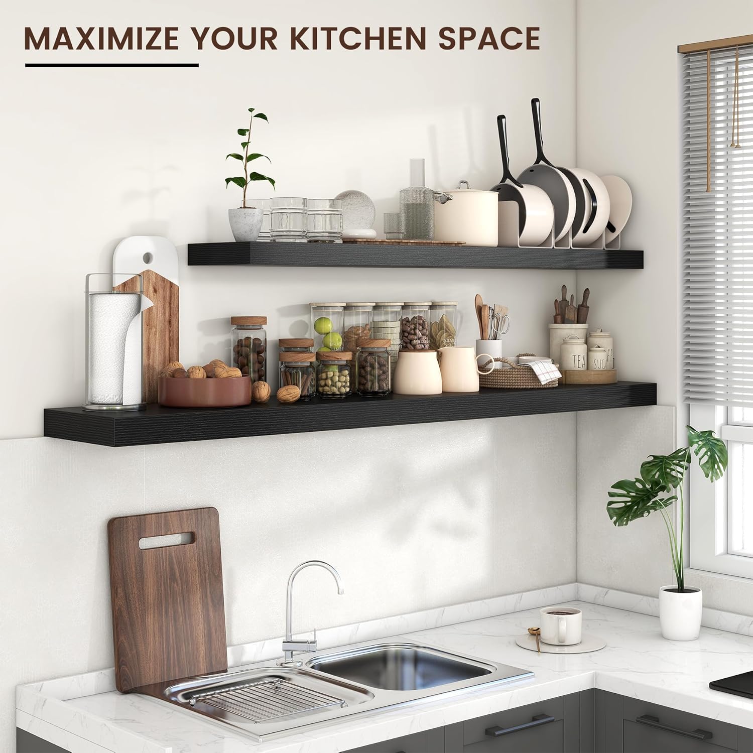 Venusmiles Floating Shelf for Wall 71 inch Long, Engineered Wood Large Wall Shelves with Invisible Brackets for Living Room Bedroom Bathroom Office Kitchen Decor and Storage, Black Finish, Set of 1