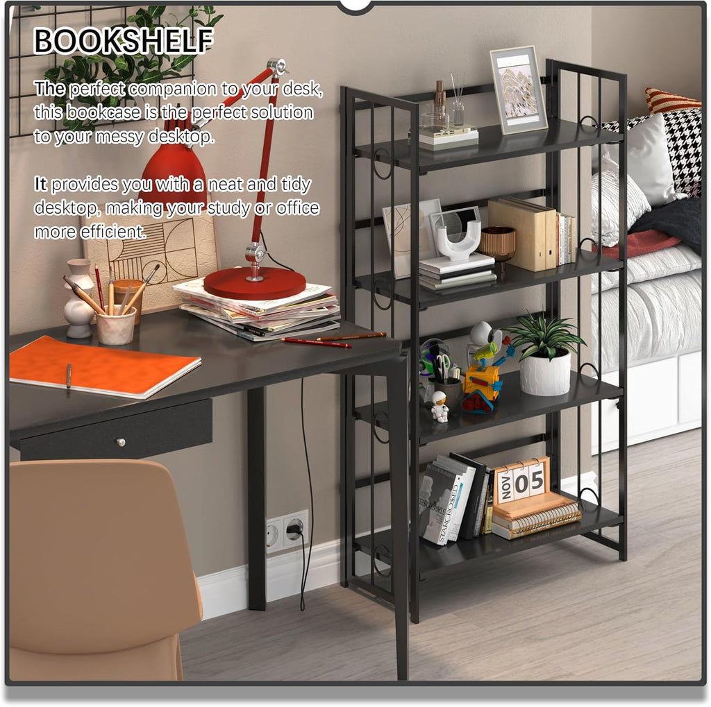4NM No Assembly 4 Tiers Folding Bookshelf, 47.2' H Foldable Storage Shelves Vintage Bookcase Standing Racks Study Organizer Home Office - All Black