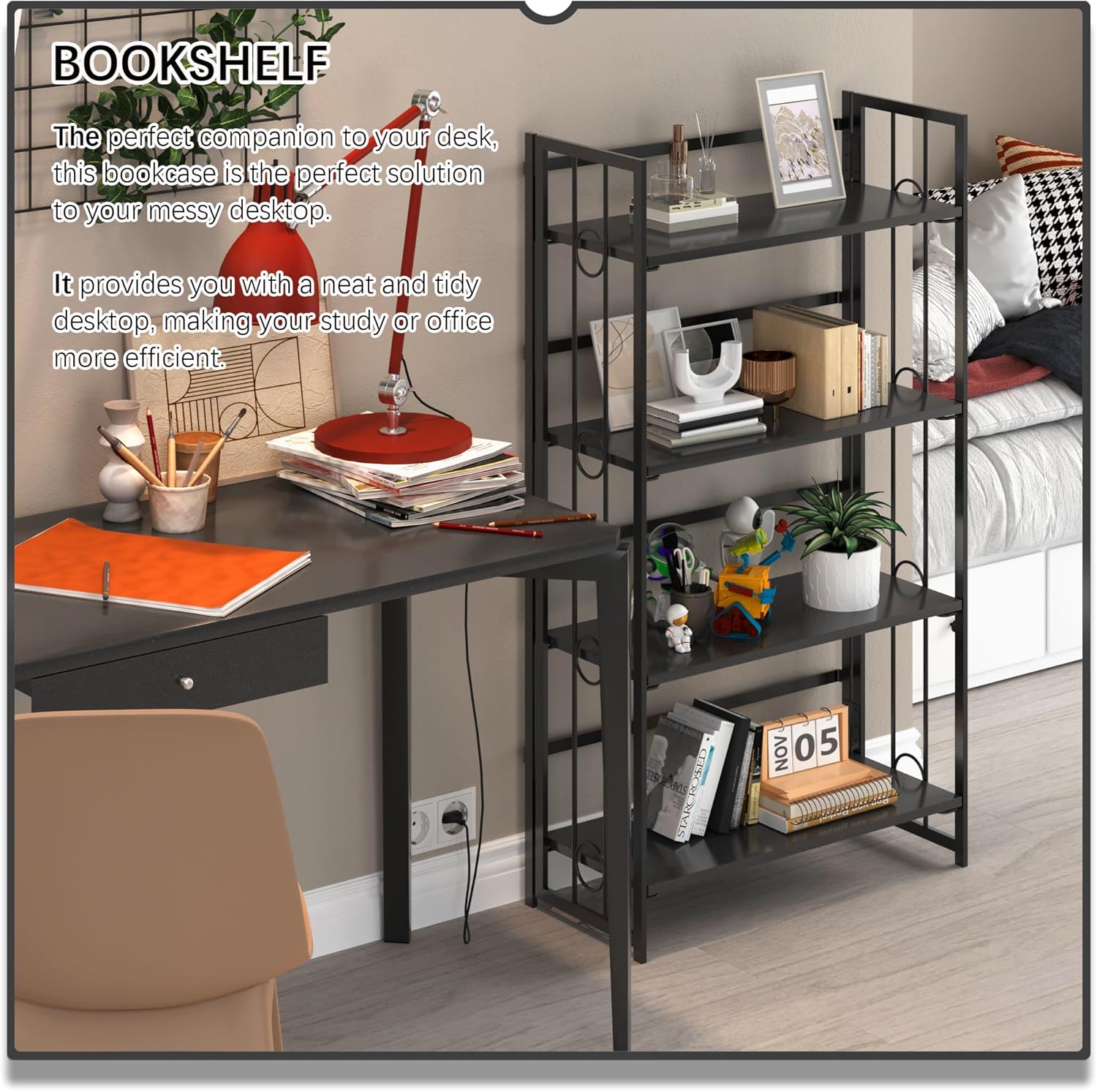 4NM No Assembly 4 Tiers Folding Bookshelf, 47.2' H Foldable Storage Shelves Vintage Bookcase Standing Racks Study Organizer Home Office - All Black