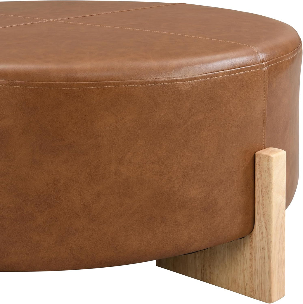 Merax 34'' Cocktail Round Ottoman, Modern Ottoman Coffee Table with Removable Top，Leather Ottoman for Living Room, Bedroom, Office,Brown