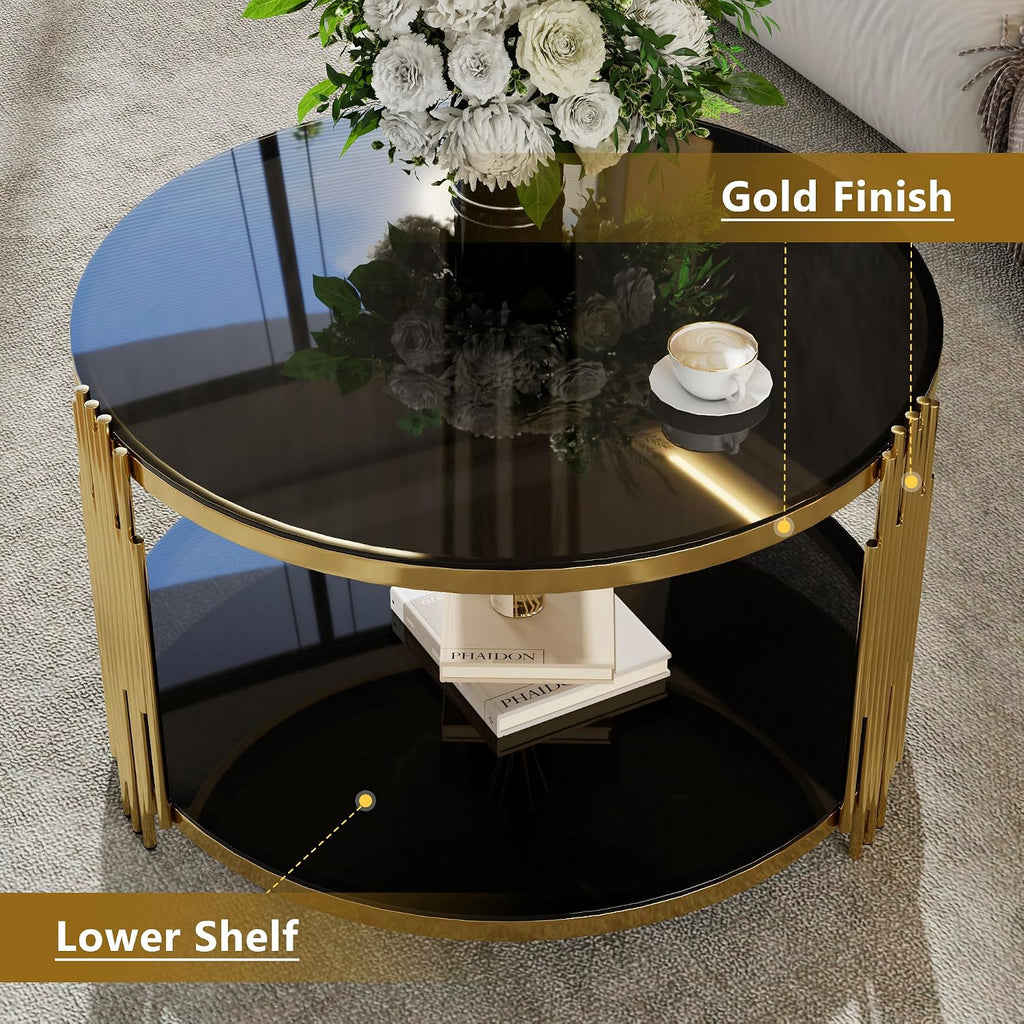 Merax Round Table Set of 3, with 1 Coffee Table & 2 End Tables, Black Mirror, Asymmetrical Metal, Gold Finish & Lower Shelf, for Living Room Apartment, Black