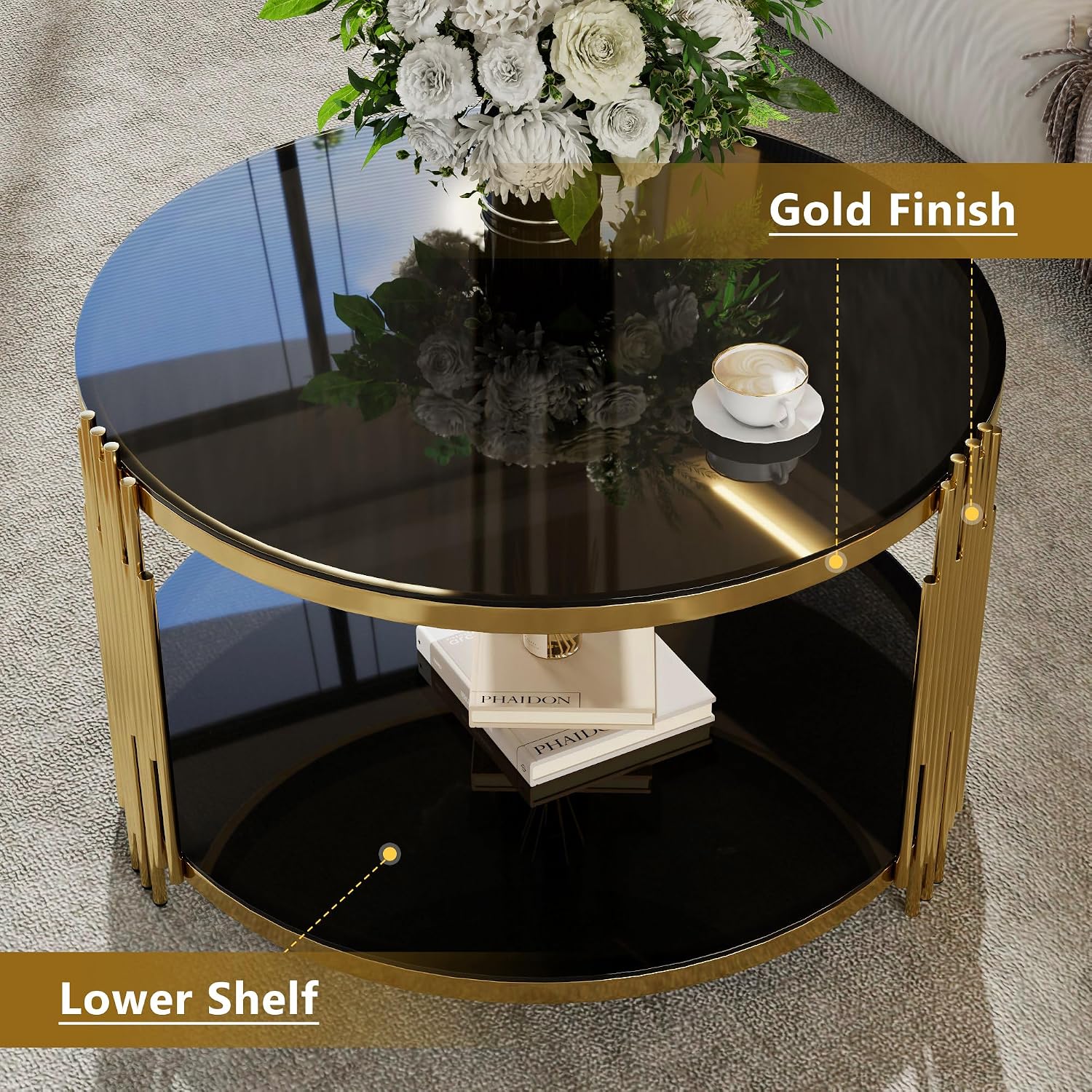 Merax Round Table Set of 3, with 1 Coffee Table & 2 End Tables, Black Mirror, Asymmetrical Metal, Gold Finish & Lower Shelf, for Living Room Apartment, Black