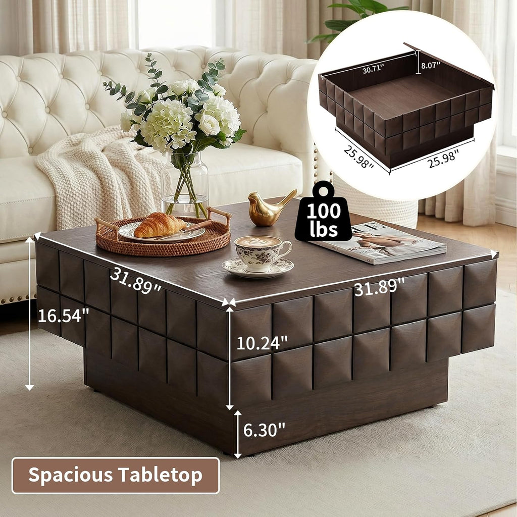 LKTART 31.89' Square Coffee Table with Hidden Storage, Mid-Century Modern Center Table with 3D Sculpted Texture, Lift-Off Flip Top Coffee Tables for Living Room Blankets & Pillows, Real Wood Veneer