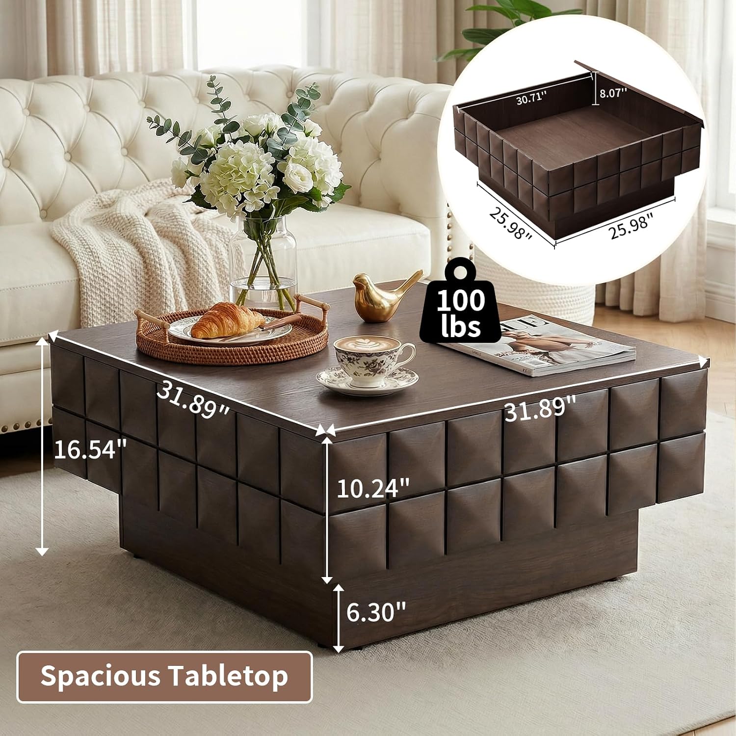 LKTART 31.89' Square Coffee Table with Hidden Storage, Mid-Century Modern Center Table with 3D Sculpted Texture, Lift-Off Flip Top Coffee Tables for Living Room Blankets & Pillows, Real Wood Veneer
