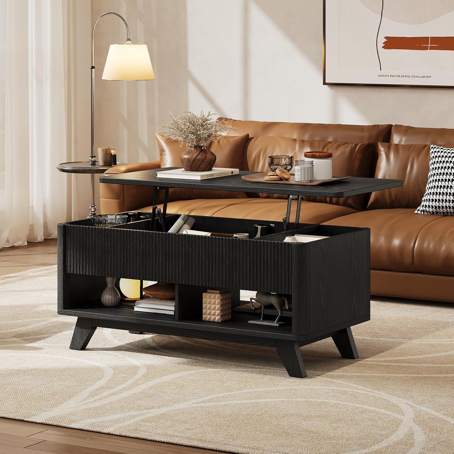 ONBRILL Farmhouse Lift Top Coffee Table, Mid Century Modern Coffee Table with Hidden Storage Compartment, Fluted Rising Pull up Wood Modern Center for Living Room, Office, Black