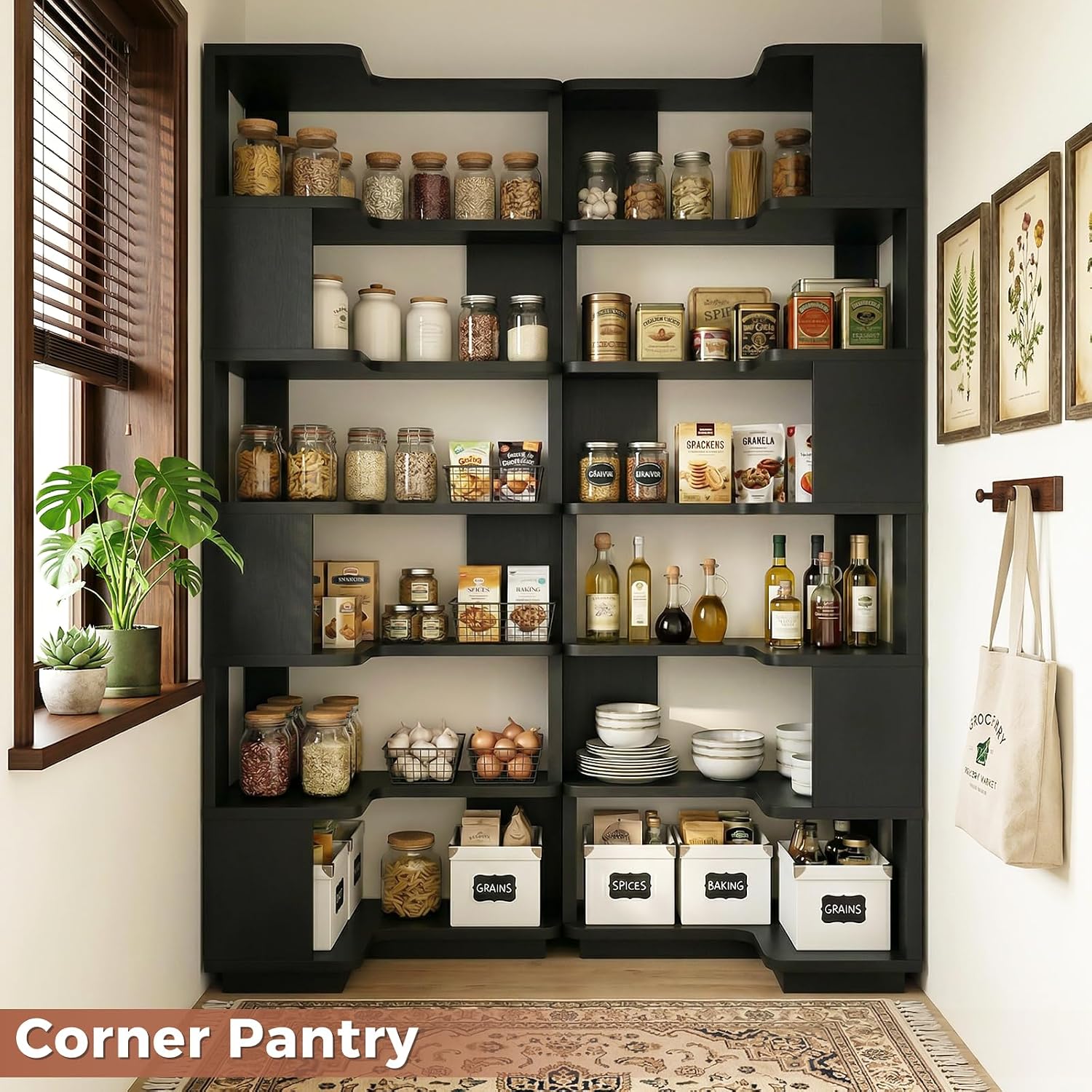 Besiost Corner Book Shelf, 7-Shelf Corner Bookshelf for Small Corner Spaces, L-Shape Bookcase Corner Display Shelf for Home Office, Living Room, Bedroom, Kitchen Pantry, Black