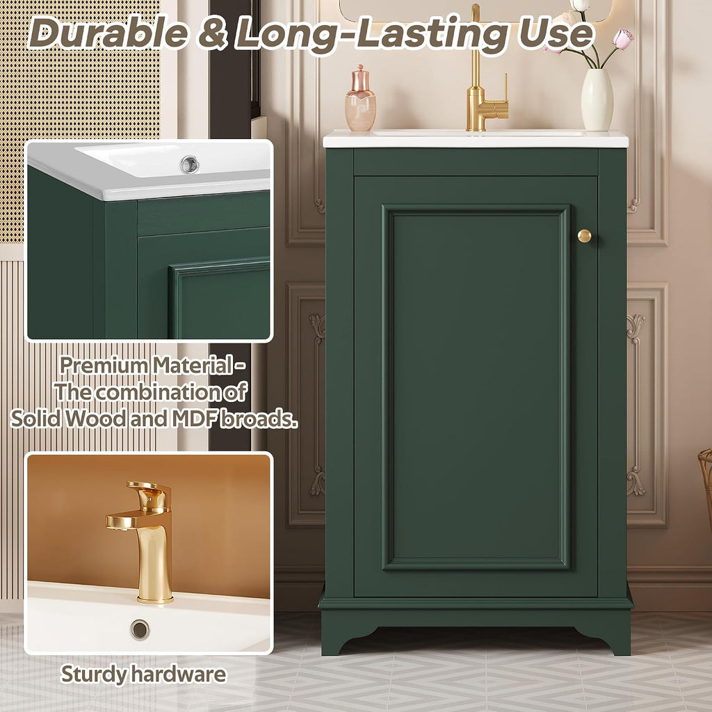Merax 20' Narrow Bathroom Vanity with Ceramic Sink, Freetanding Modern Single Vanity Set with Soft Closing Door and Adjustable Shelf (Green)