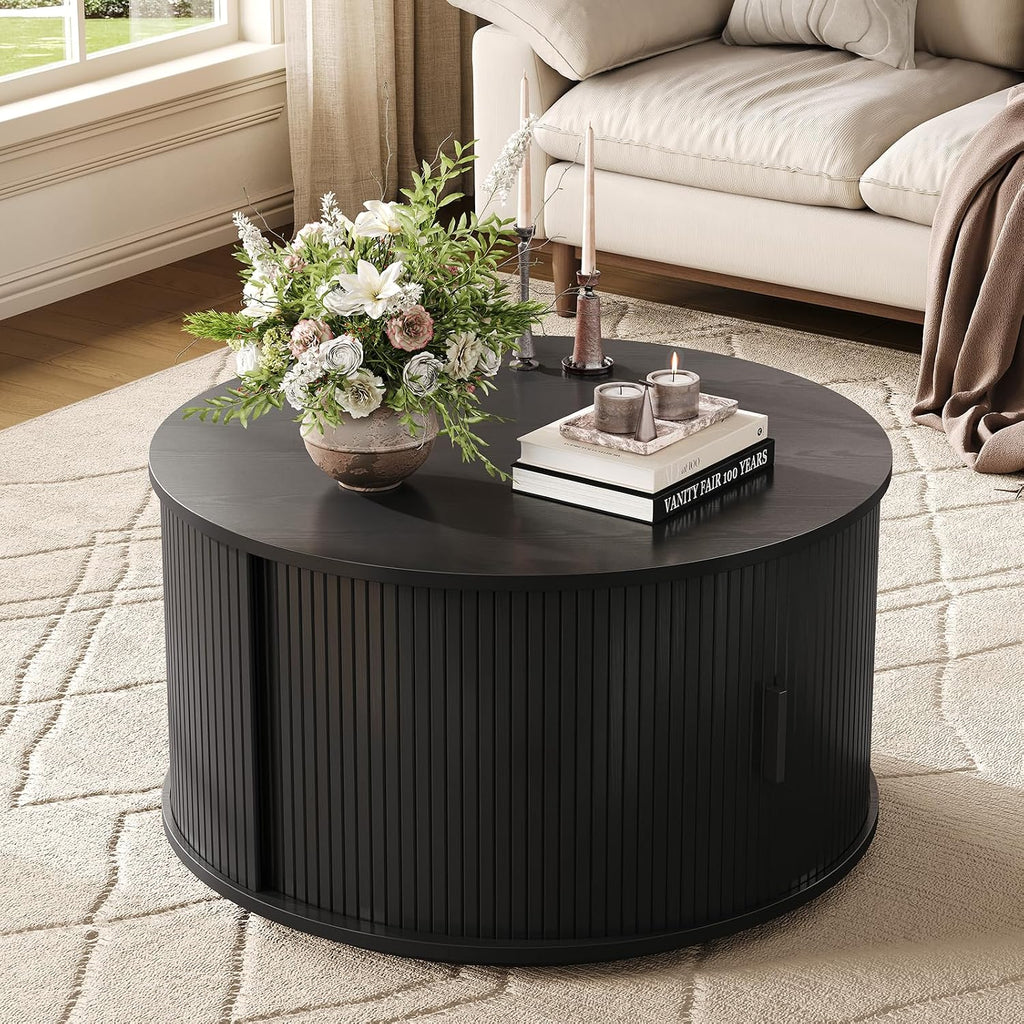 ONBRILL Round Coffee Table with Storage, 31.5' Mid Century Modern Center Table with Sliding Door & Dual Hidden Storage, Fluted Accent Coffee Table for Living Room, Small Space, Black