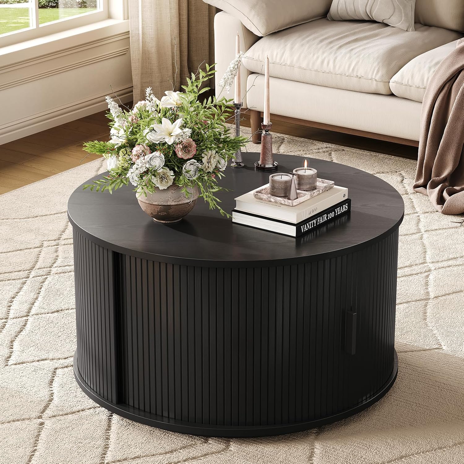 ONBRILL Round Coffee Table with Storage, 31.5' Mid Century Modern Center Table with Sliding Door & Dual Hidden Storage, Fluted Accent Coffee Table for Living Room, Small Space, Black