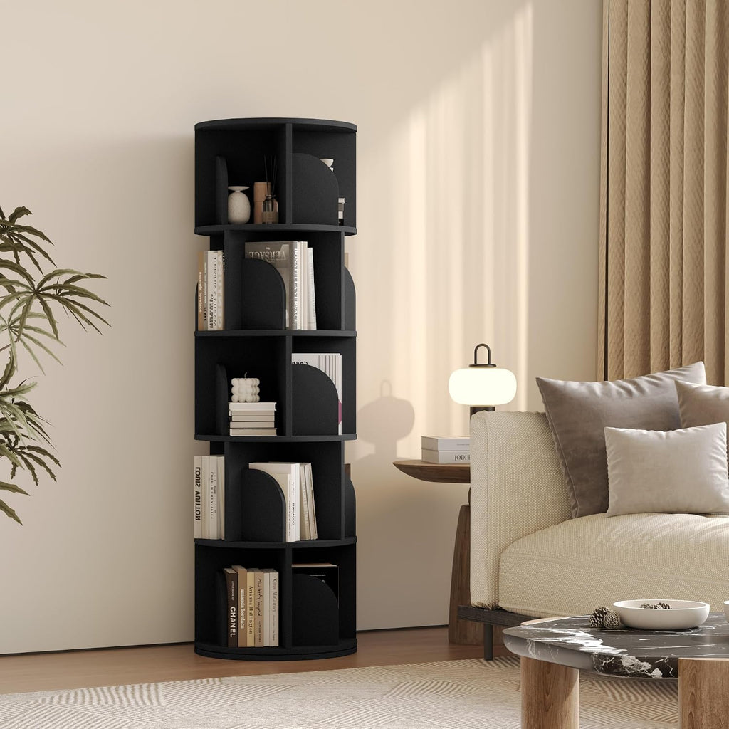 YOWOS Rotating Bookshelf, Small Corner Bookshelf for Small Space, 360 Display Floor Standing Bookcase Storage Rack, Wood Narrow Book Shelf Organizer for Bedroom, Living Room (Black, 5 Tiers)