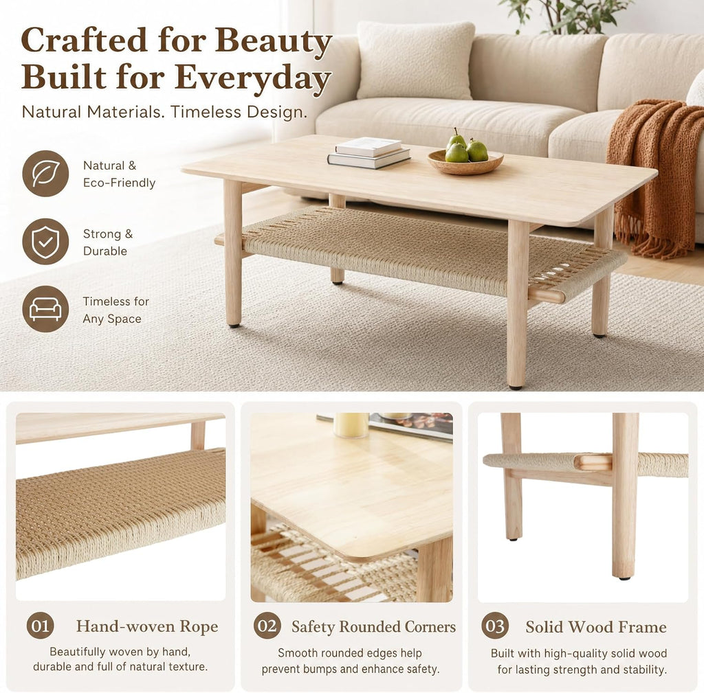 Farmhouse Coffee Table for Living Room 2-Tier Coffee Table with Natural Rattan Storage Shelf Large Rectangular Center Table for Living Room Reception, Natural Color