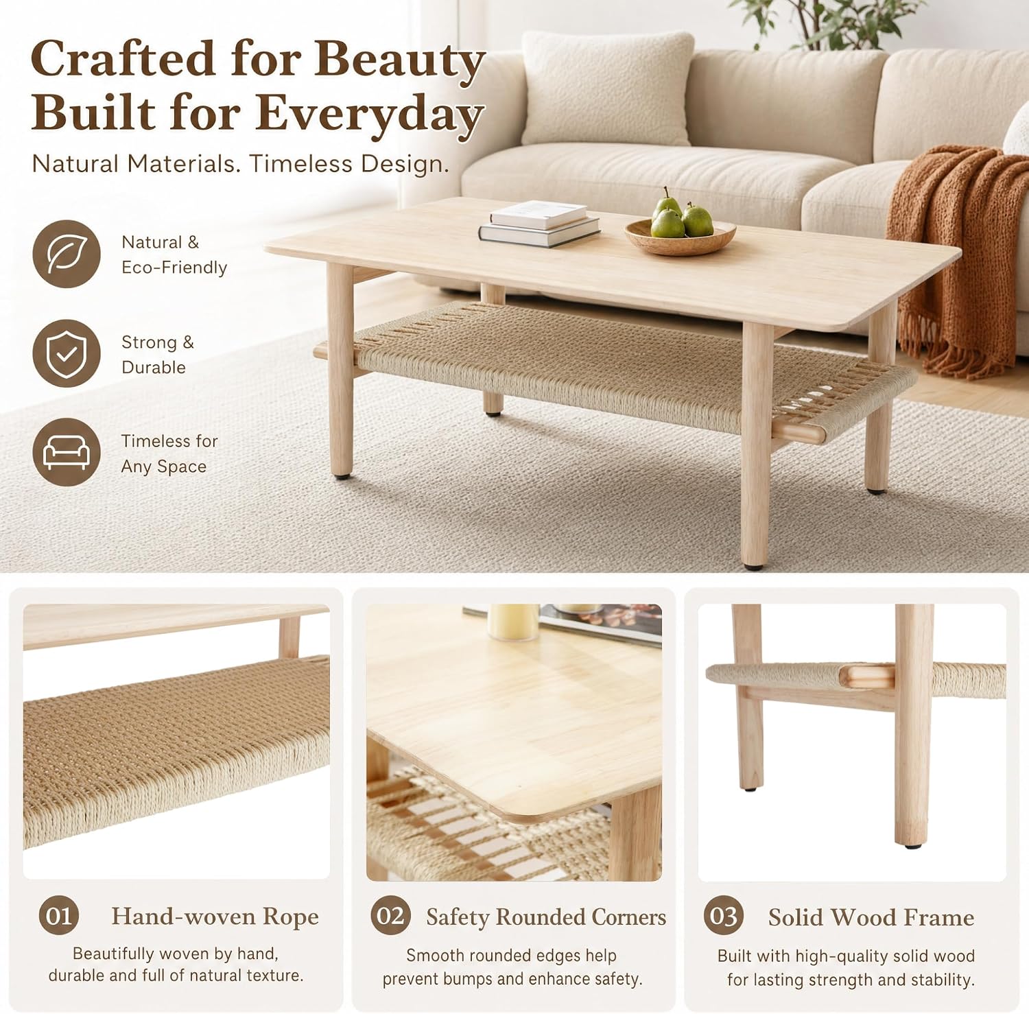 Farmhouse Coffee Table for Living Room 2-Tier Coffee Table with Natural Rattan Storage Shelf Large Rectangular Center Table for Living Room Reception, Natural Color
