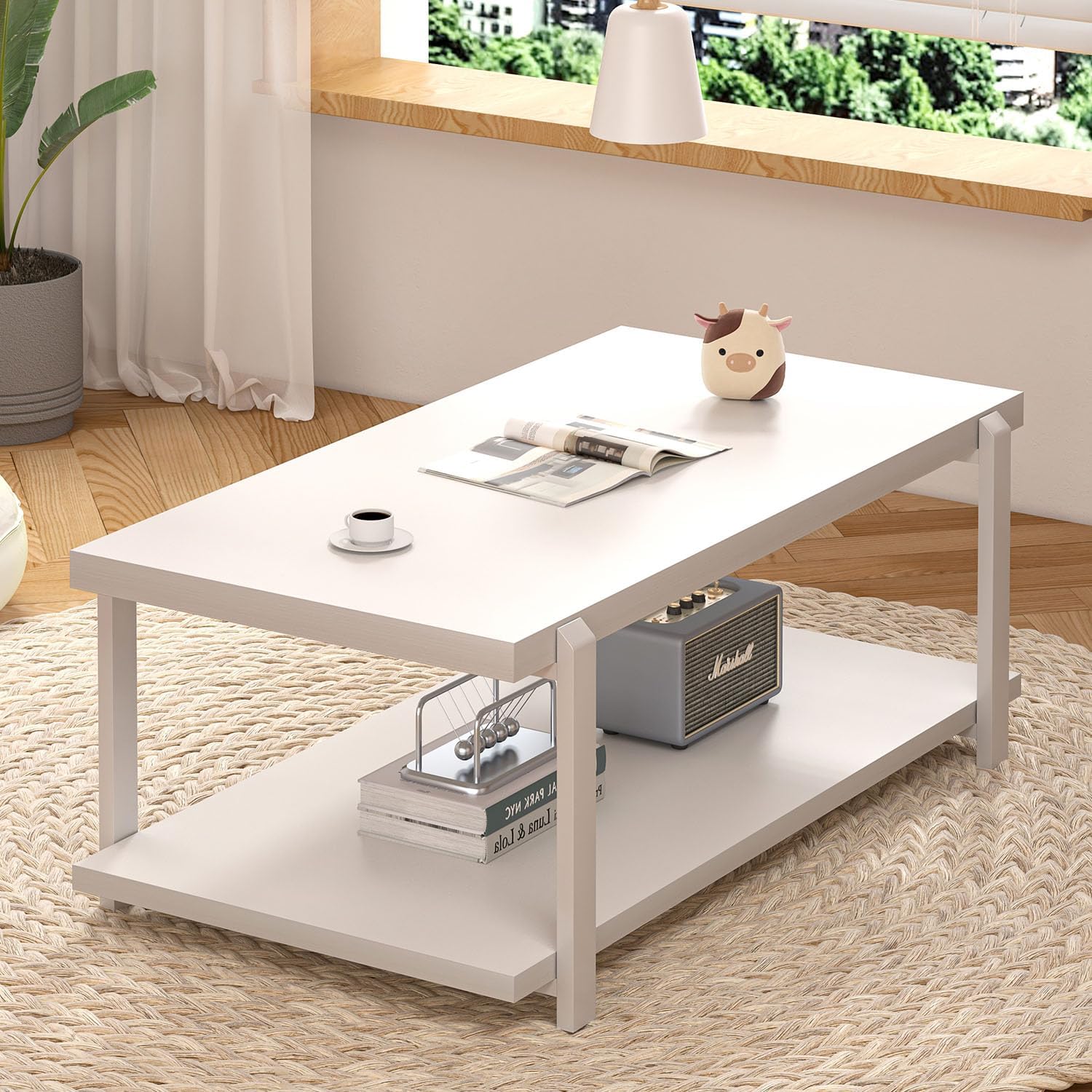 FOLUBAN White Coffee Table, Modern Rustic Wood and Metal Center Table with Storage Shelf, Rectangle Cocktail Tea Table for Living Room, 42 Inch