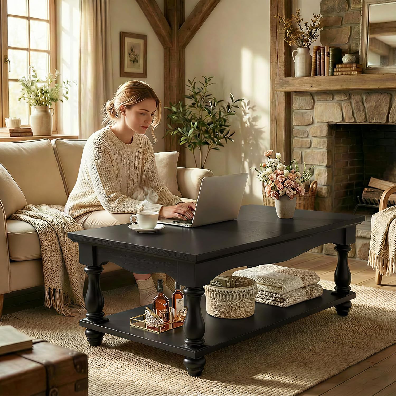Besiost Farmhouse Coffee Table with Storage, 47 inch Modern 2-Tier Black Coffee Table with Solid Wood Legs, Mid Century Coffee Tables for Living Room