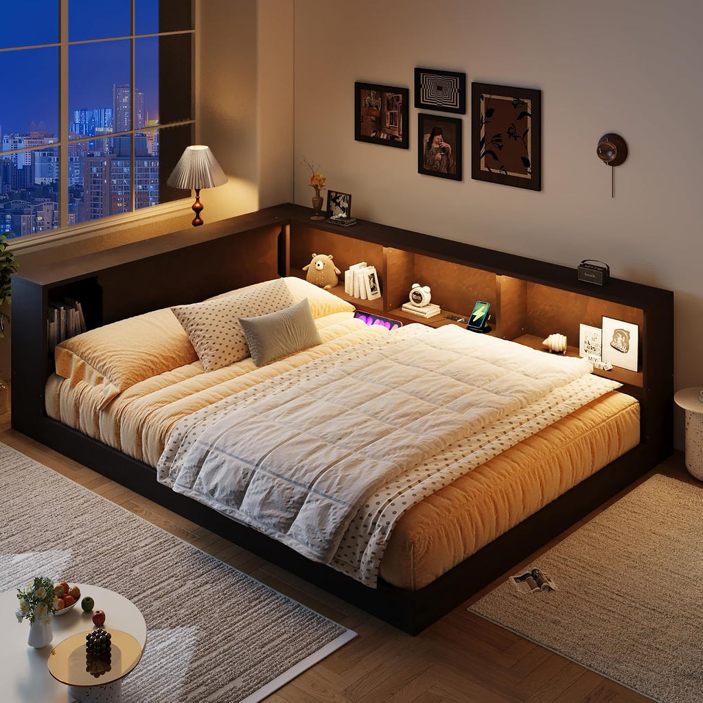 MERITLINE Queen Size Corner Bed Frame with Storage Bookcase & Shelves, Wood L-Shaped Daybed with LED Lights, USB Ports and Headboard, No Slats, Brown